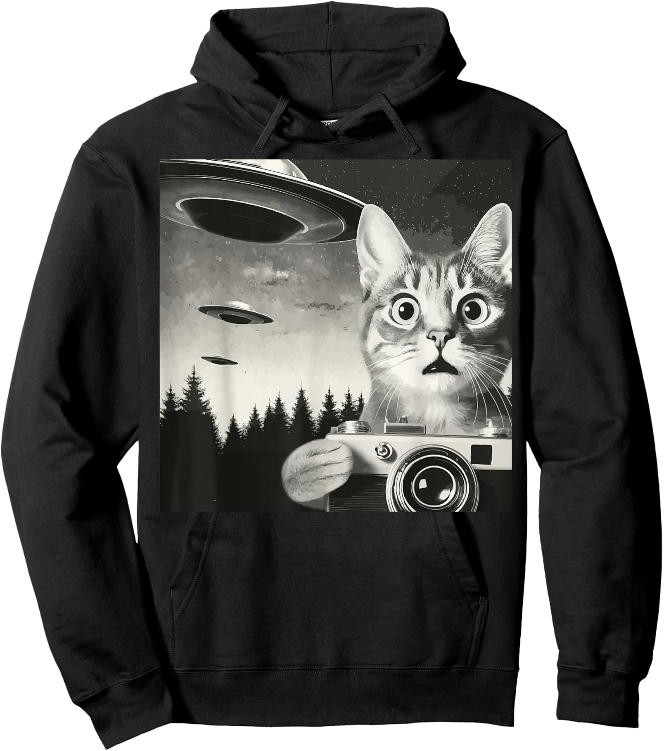 Alien Cat UFO Camera Graphic Alien Feline Photography Men Women Hoodie - Hoodie | Black