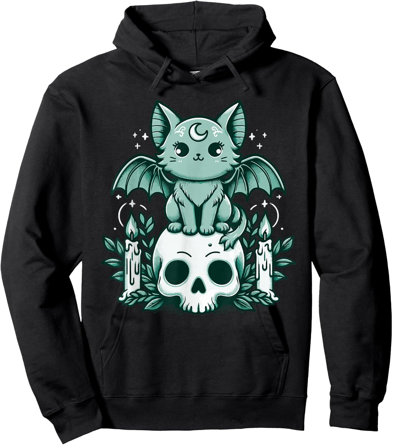 Kawaii Pastel Goth Cute Creepy Cat Bat Skeleton Hoodie - Hoodie | Black