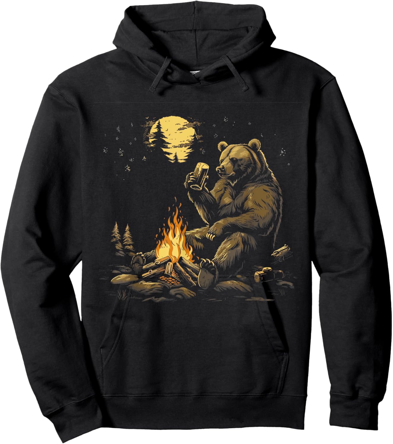 Camping Grizzly Bear Drinking Beer Hiking Nature Outdoor Hoodie - Hoodie | Black
