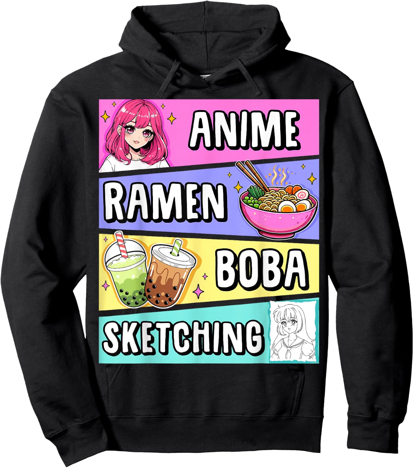 Kawaii Anime Ramen Noodles Sketching Boba Tea Japanese Hoodie - Hoodie | Black