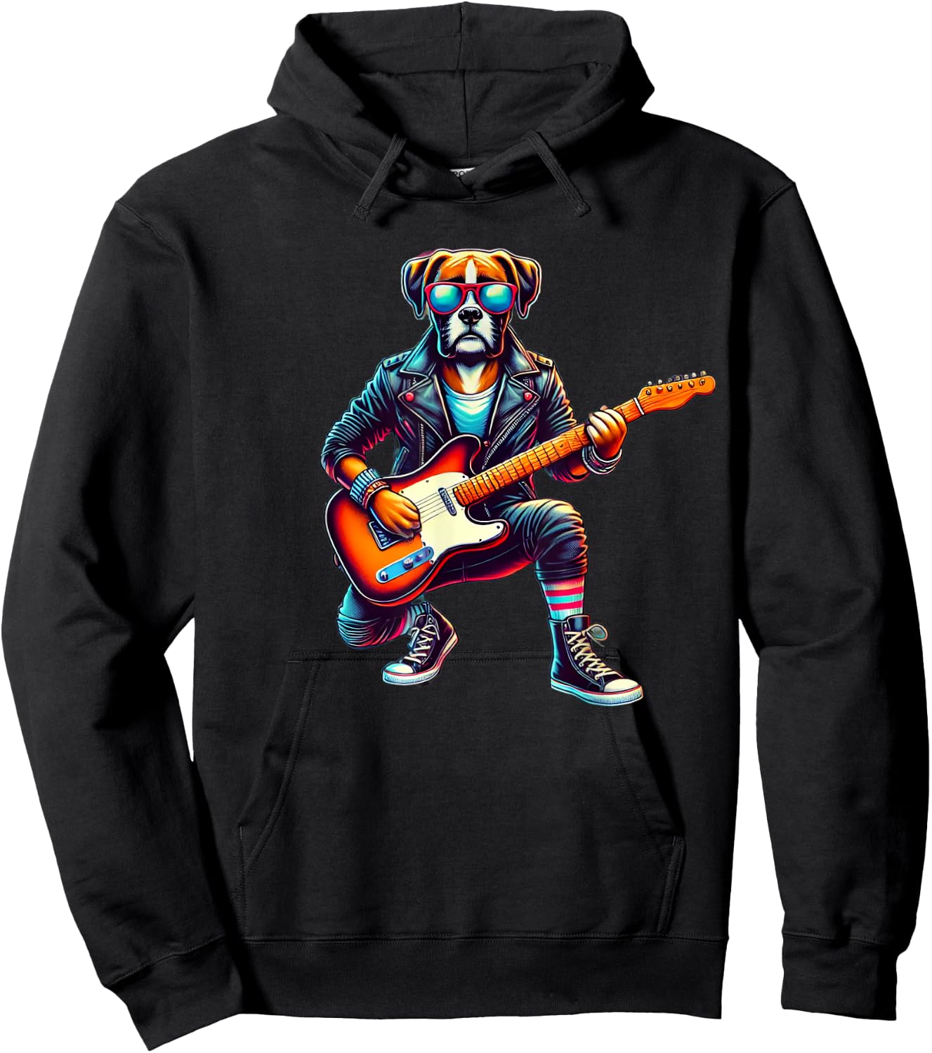 Boxer Electric Guitar Funny Dog Rock Band Musician Music Pet Women Kids Hoodie - Hoodie | Black