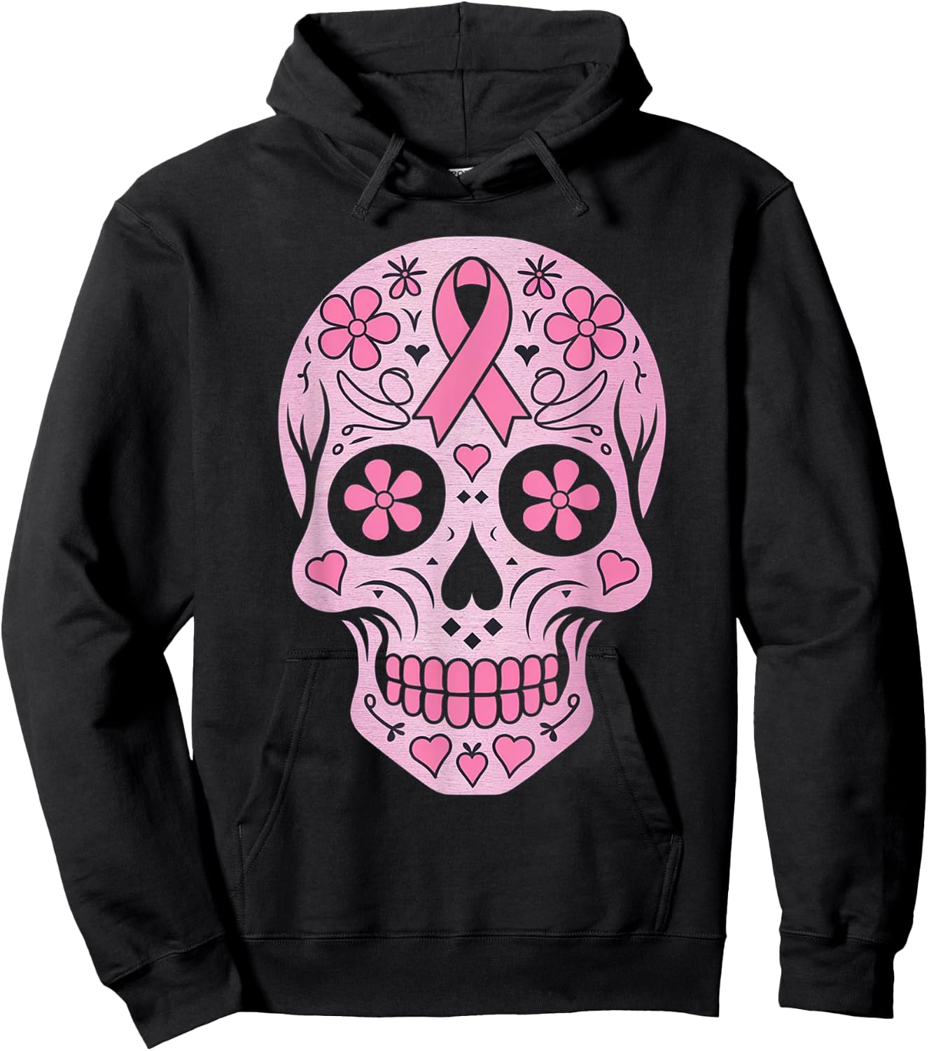 Sugar Skull Pink Ribbon Calavera Breast Cancer Awareness Hoodie - Hoodie | Black