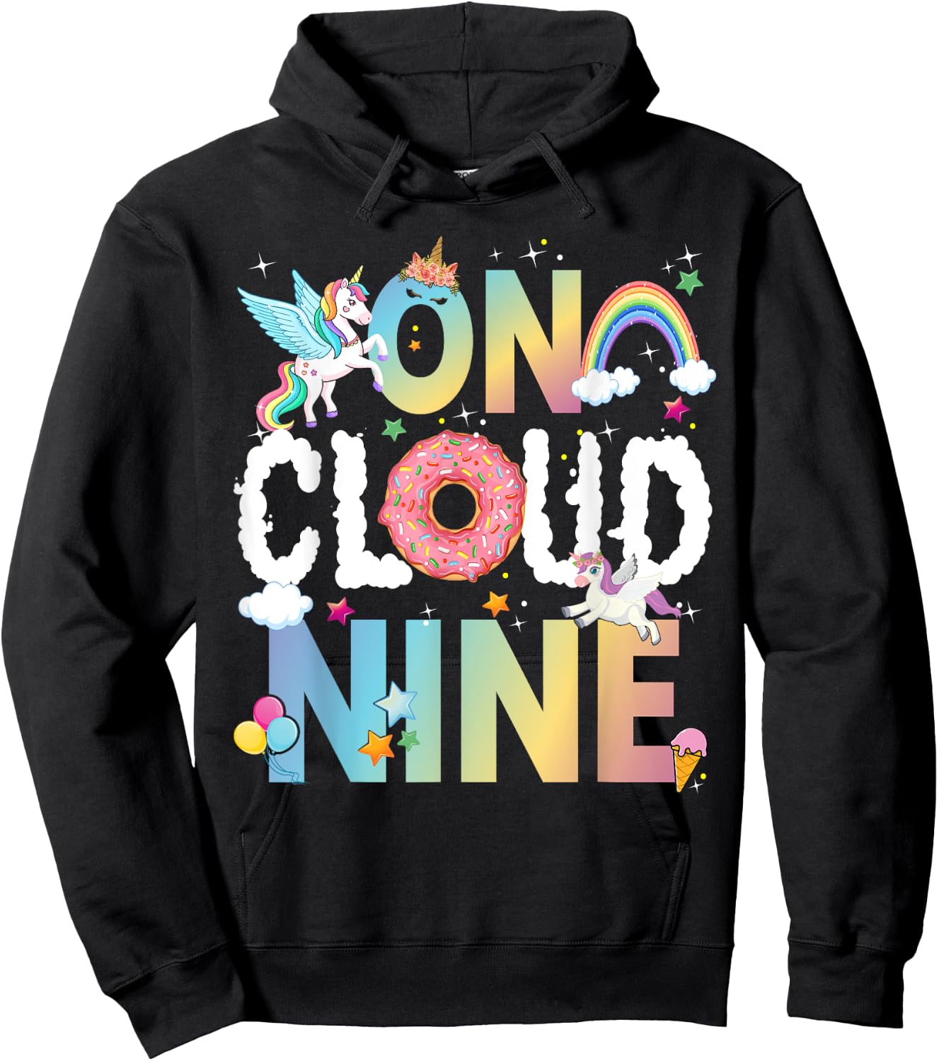 Retro On Cloud Nine Flower Happy 9th Birthday 9 Years Old Hoodie - Hoodie | Black