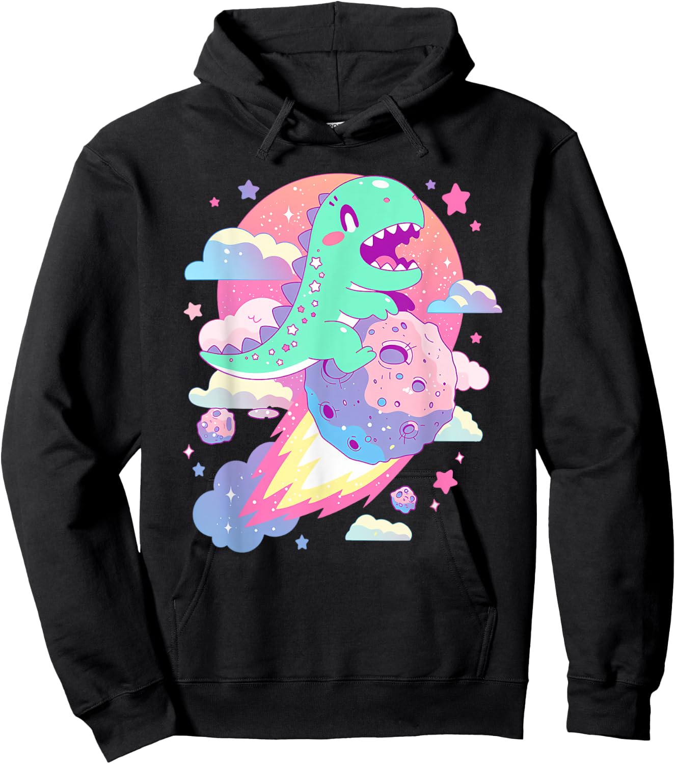 Kawaii Pastel Goth Creepy Cute Chibi Dinosaur on a Comet Hoodie - Hoodie | Black