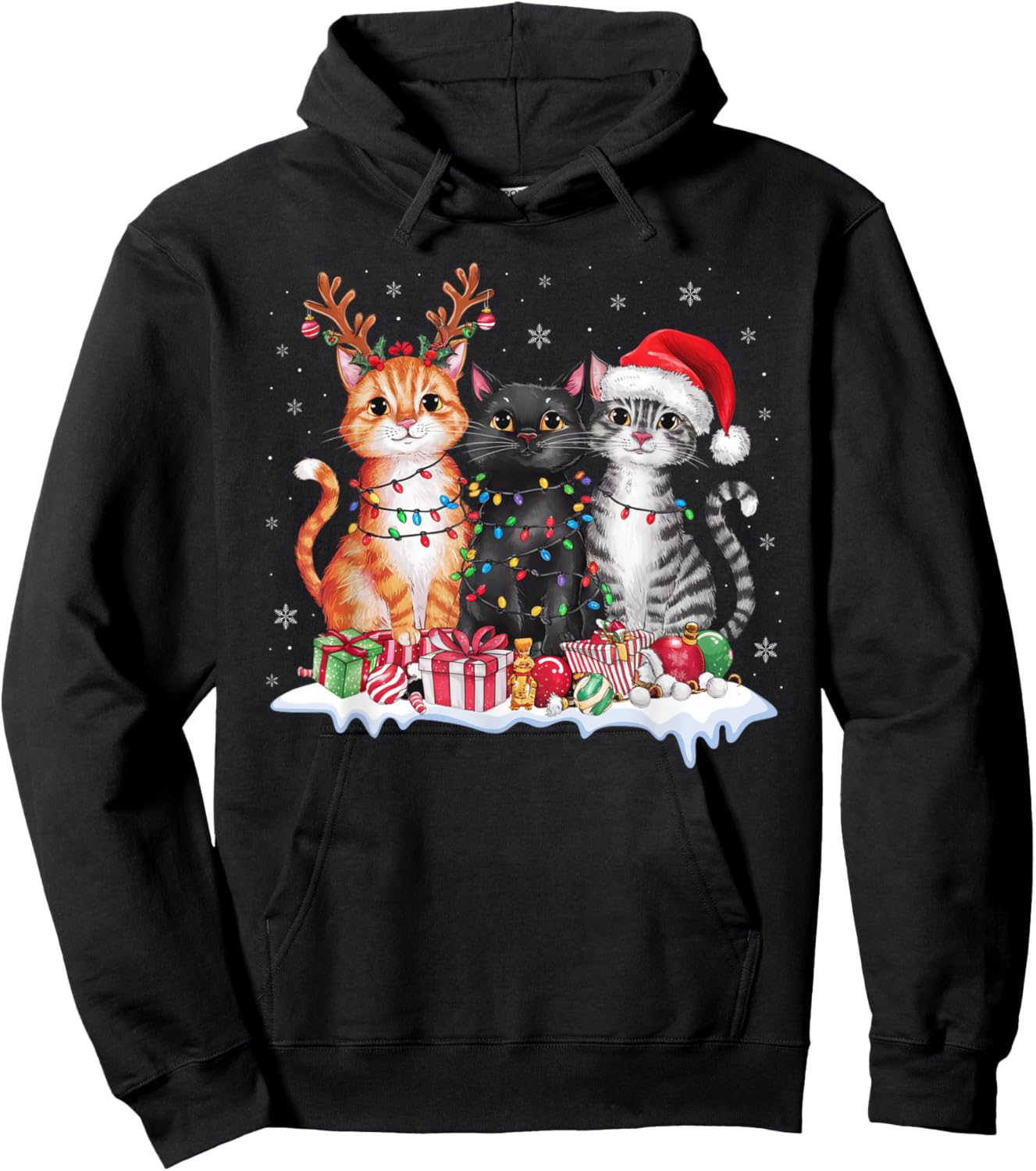 Santa Cat Christmas Light Gorgeous Reindeer Pajama Cat Lover Hoodie - Hoodie | Black