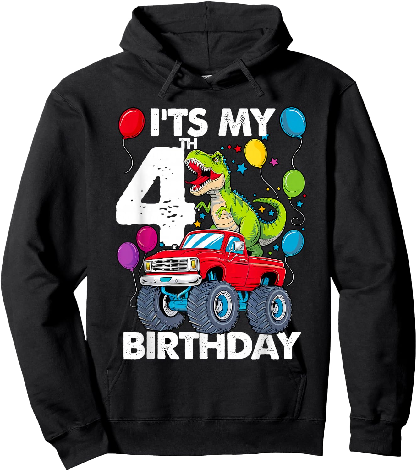 It's My 4th Birthday Dinosaur Monster Truck Hoodie - Hoodie | Black