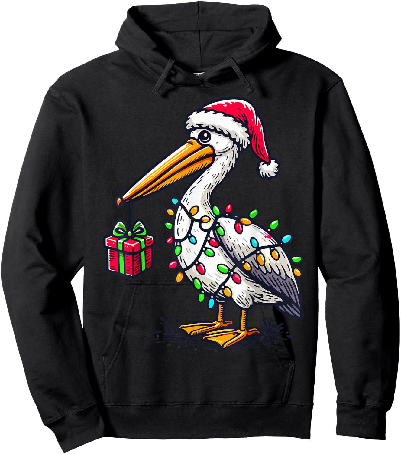 Pelican Bird Wearing Santa Hat, Holding A Present Box Xmas Hoodie - Hoodie | Black