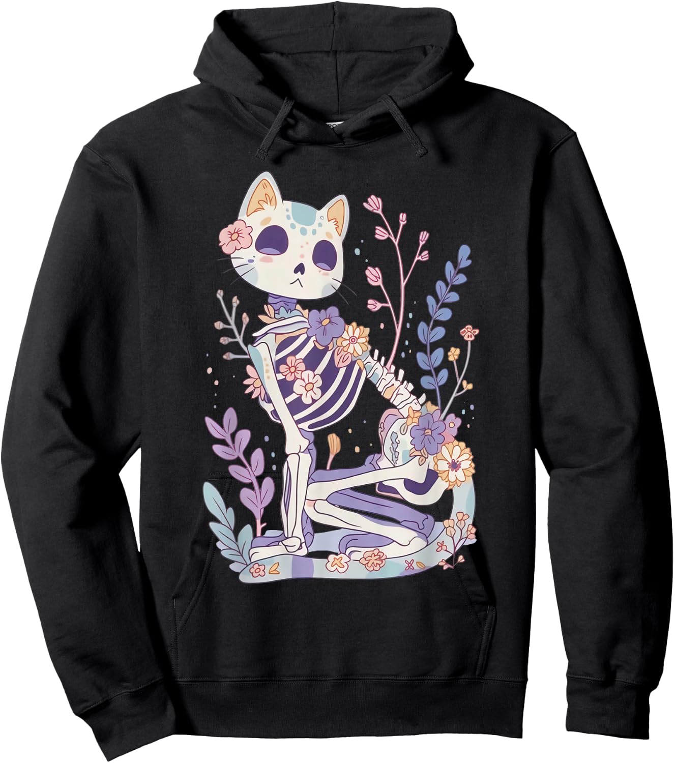 Kawaii Pastel Floral Goth Cute Creepy Cat Skeleton Hoodie - Hoodie | Black