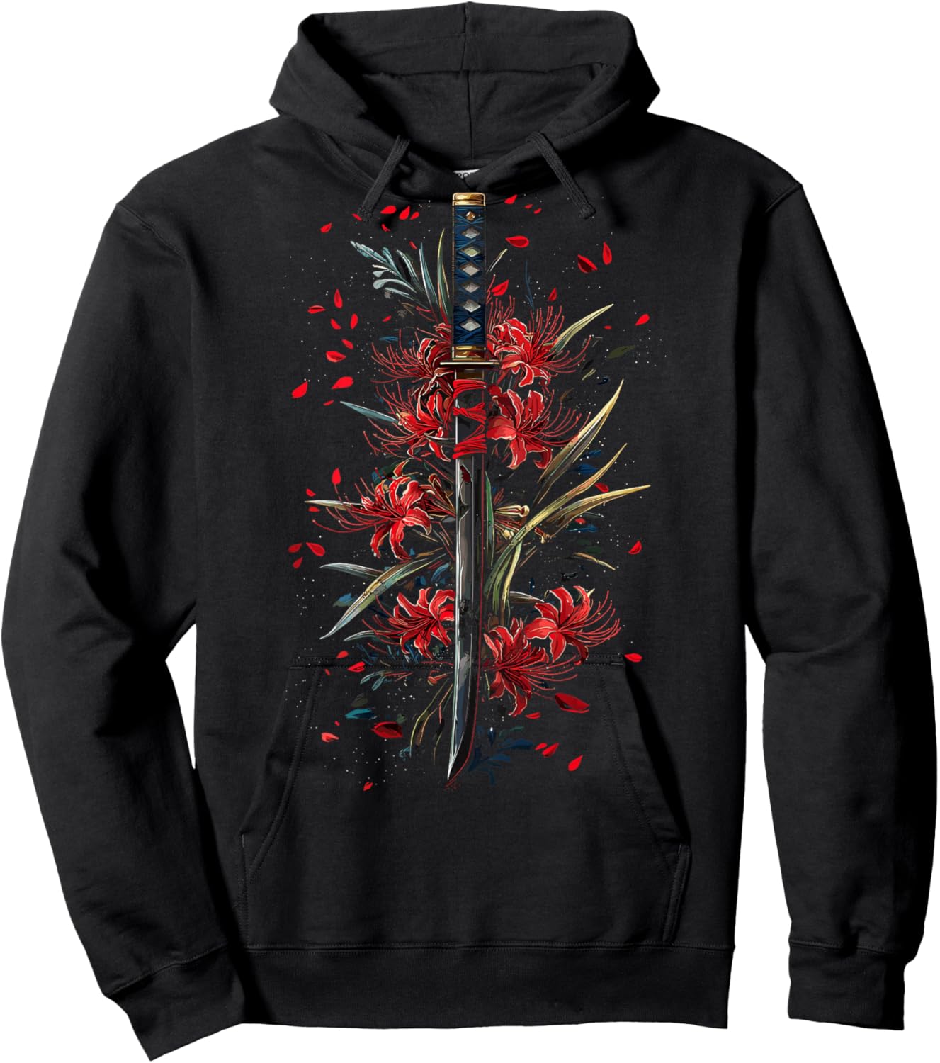 Red Spider Lily Flower Japanese Katana Sword Backprinted Hoodie - Hoodie | Black