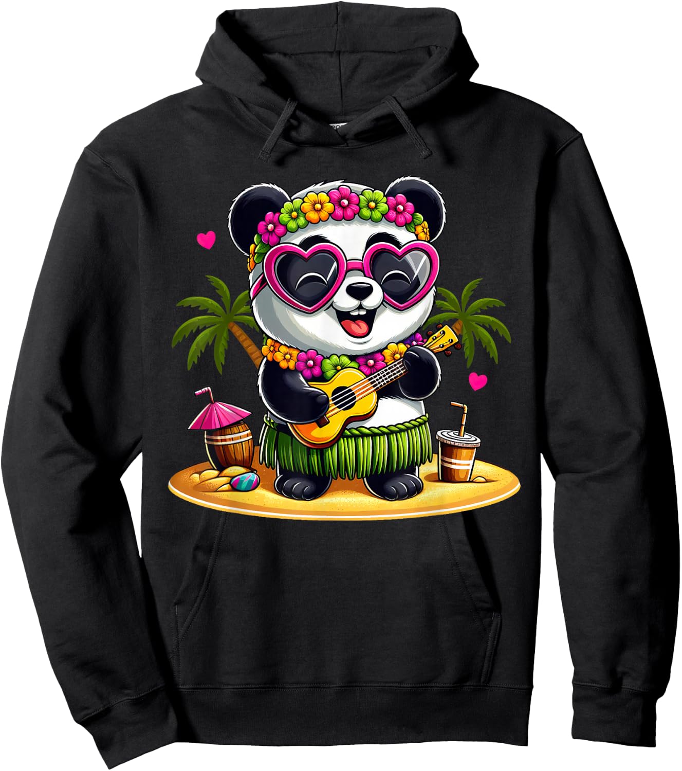 Funny Panda Hawaiian Costume Kids Summer Vacation Panda Hoodie - Hoodie | Black