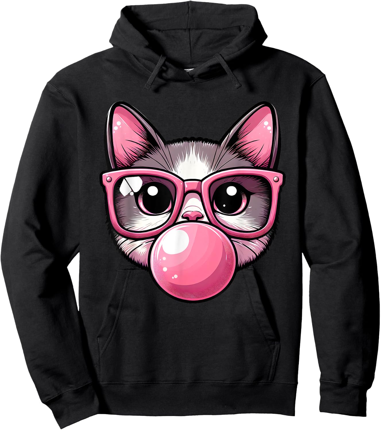 Cute and Funny Cat Pink Sunglasses And Blowing Bubble Gum Men Women Girls Kids Hoodie - Hoodie | Black