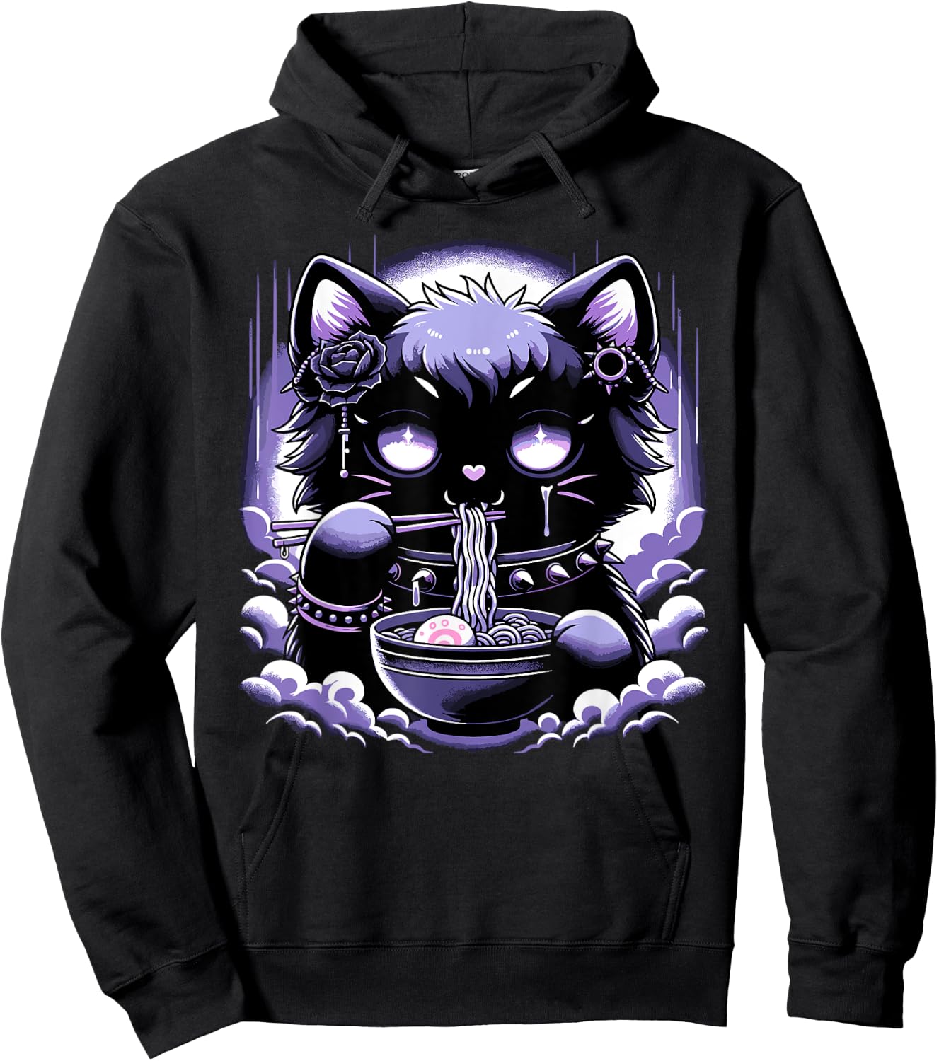 Pastel Goth Aesthetic Kawaii Creepy Cat Eating Ramen Noodles Hoodie - Hoodie | Black