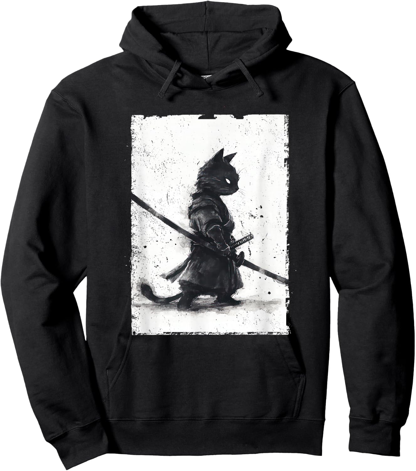 Vintage Samurai Cat Graphic Art Japanese Ukiyo-e Hoodie - Hoodie | Black