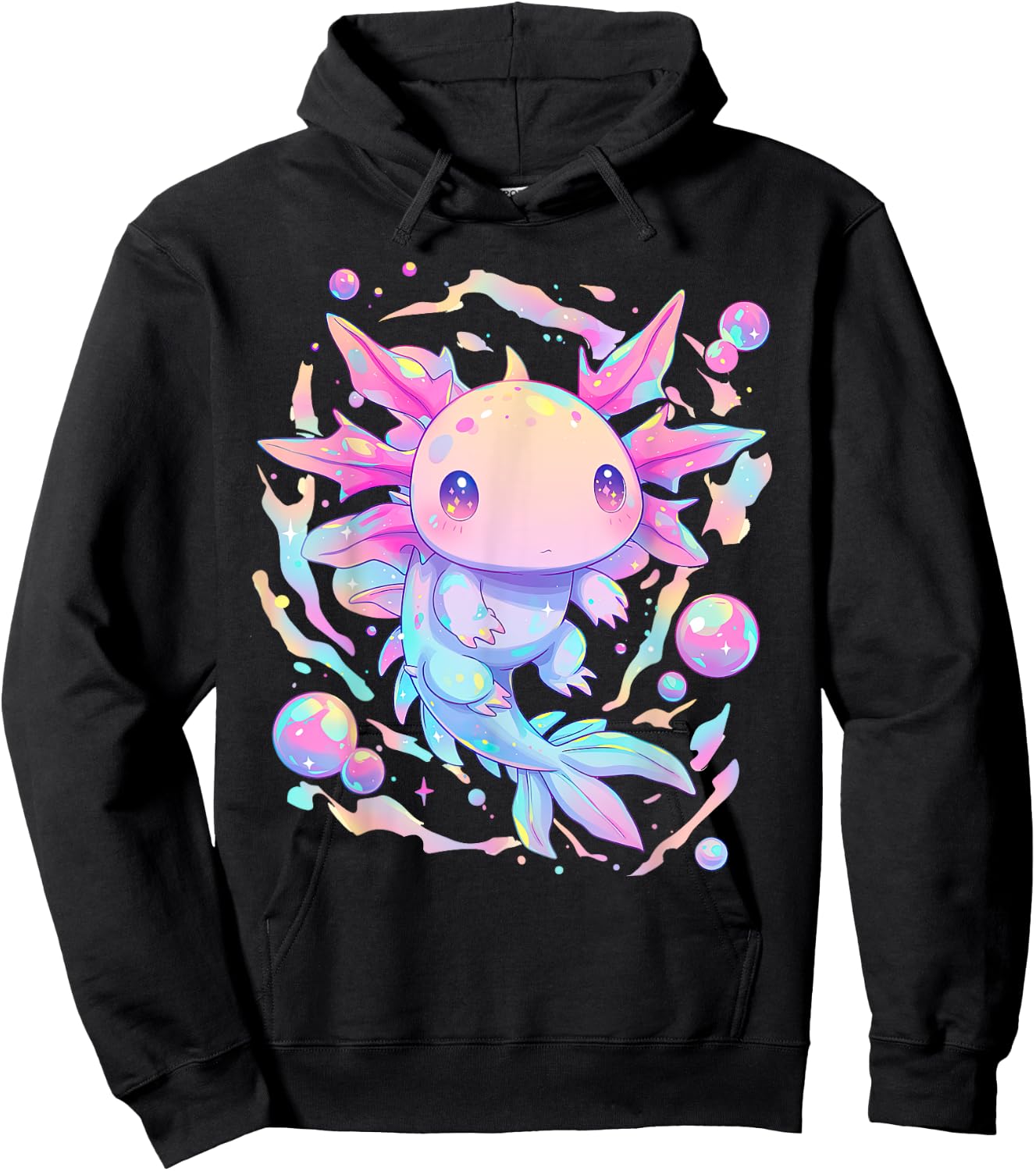 Kawaii Pastel Goth Cute Pink Sparkles Axolotl and Bubbles Hoodie - Hoodie | Black