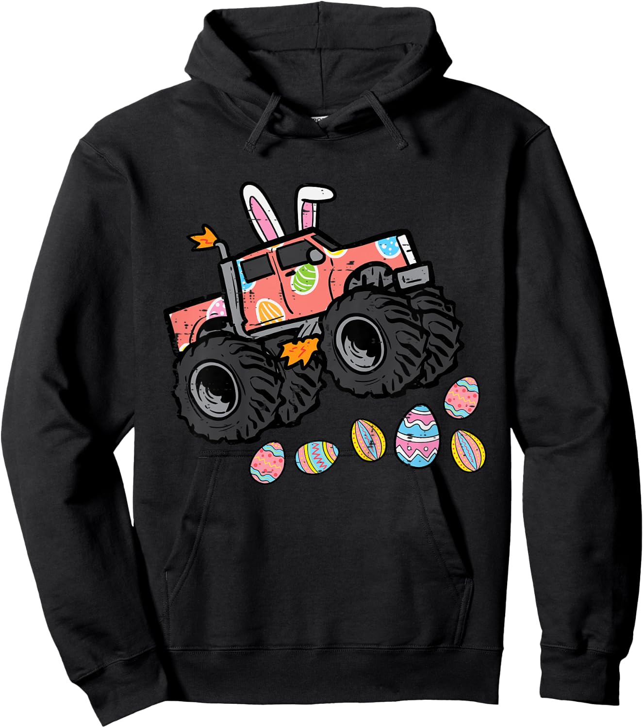 Kids Easter Monster Truck Bunny Ears Eggs Hunt Toddler Boys Kids Hoodie - Hoodie | Black