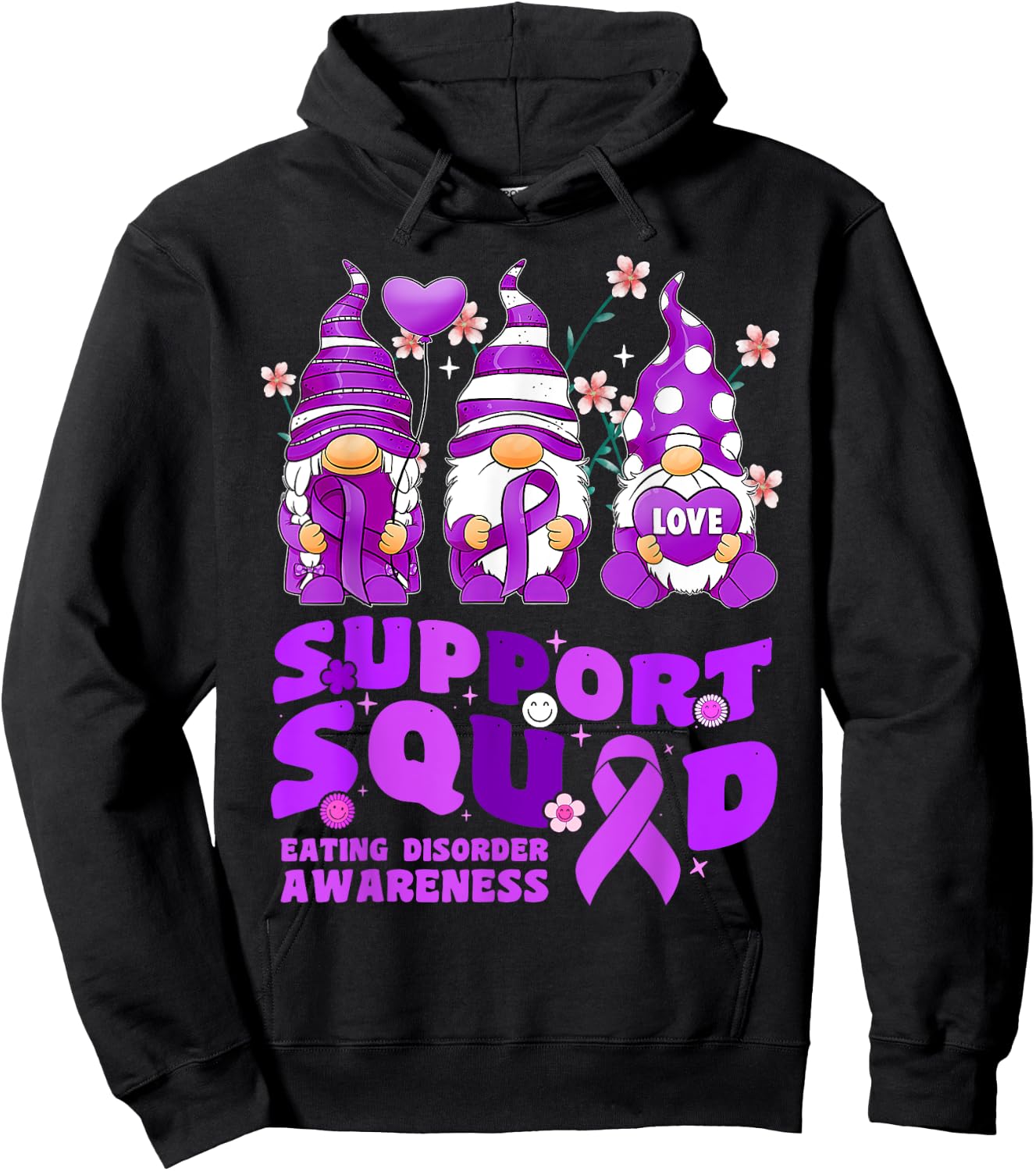 Support Squad Eating Disorder Awareness Gnome Purple Ribbon Hoodie - Hoodie | Black