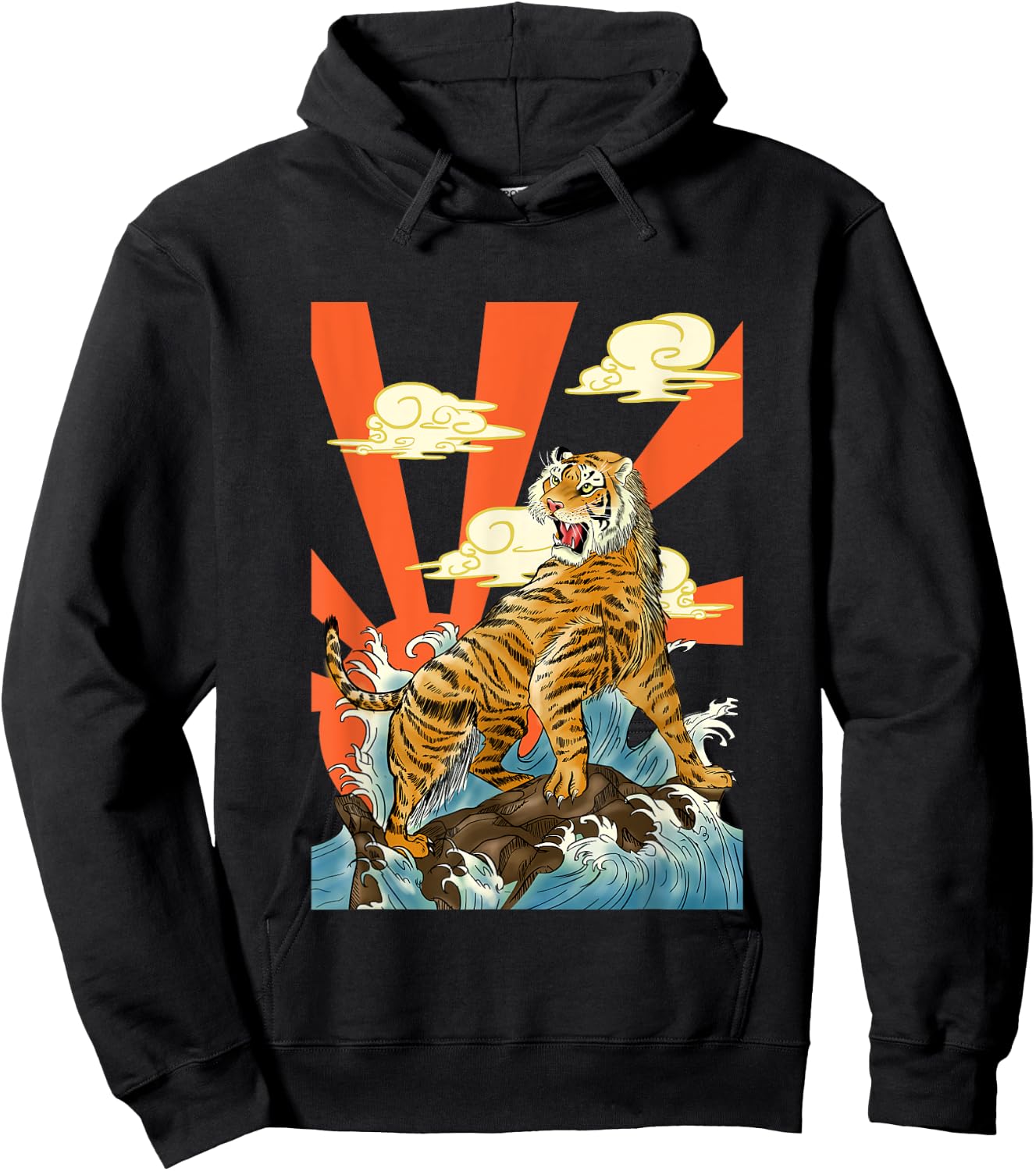 Majestic Tiger Roaring Over Waves with Rising Sun Backdrop Hoodie - Hoodie | Black