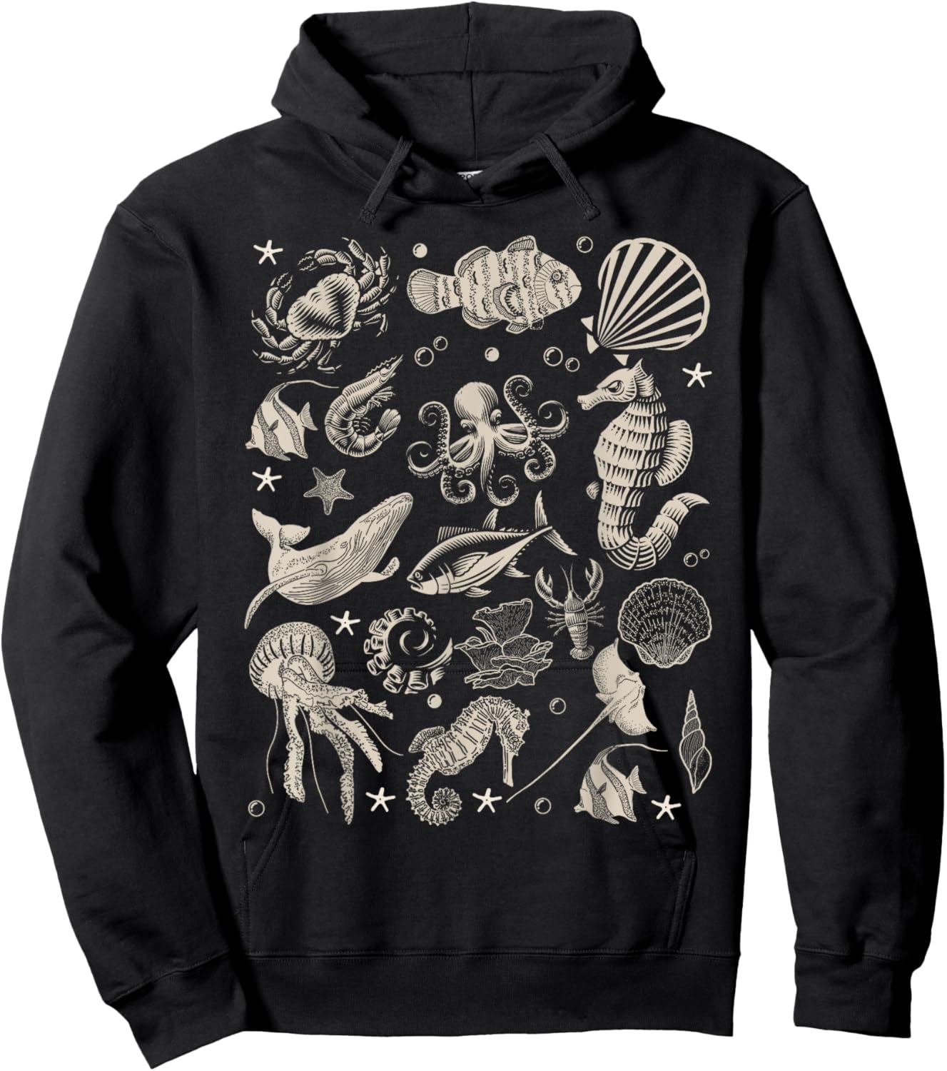 Vintage Ocean Wildlife Shark Turtle Octopus Hoodie - Hoodie | Black