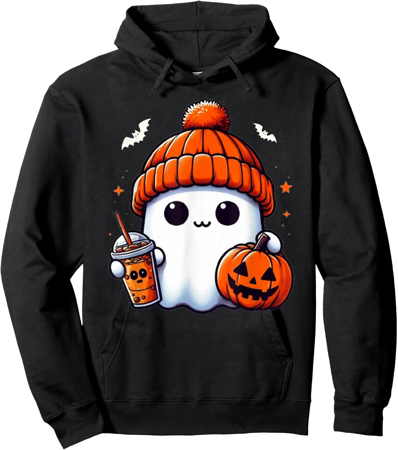 Cute Ghost Drinking Coffee Halloween Ghost Ice Coffee Hoodie - Hoodie | Black