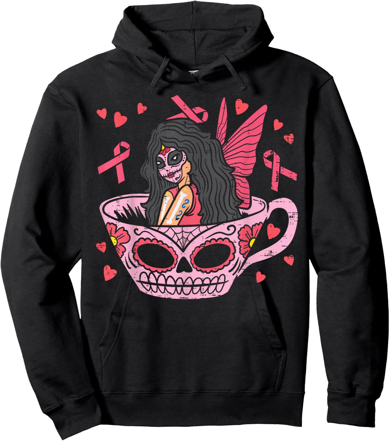 Sugar Skull Fairy In Tea Cup Breast Cancer Awareness Mexican Hoodie - Hoodie | Black