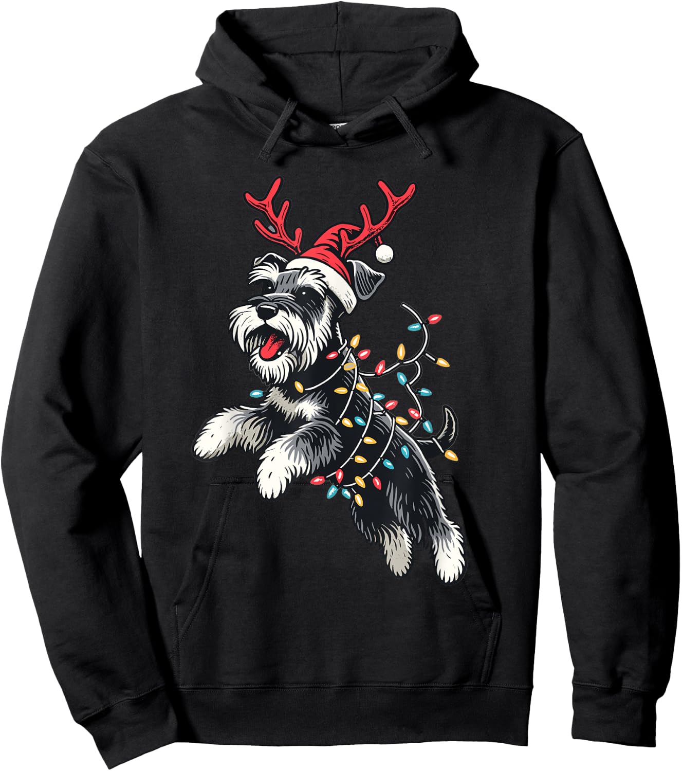 Miniature Schnauzer Dog Santa Hat Christmas Lights Pajama Women Kids Hoodie - Hoodie | Black