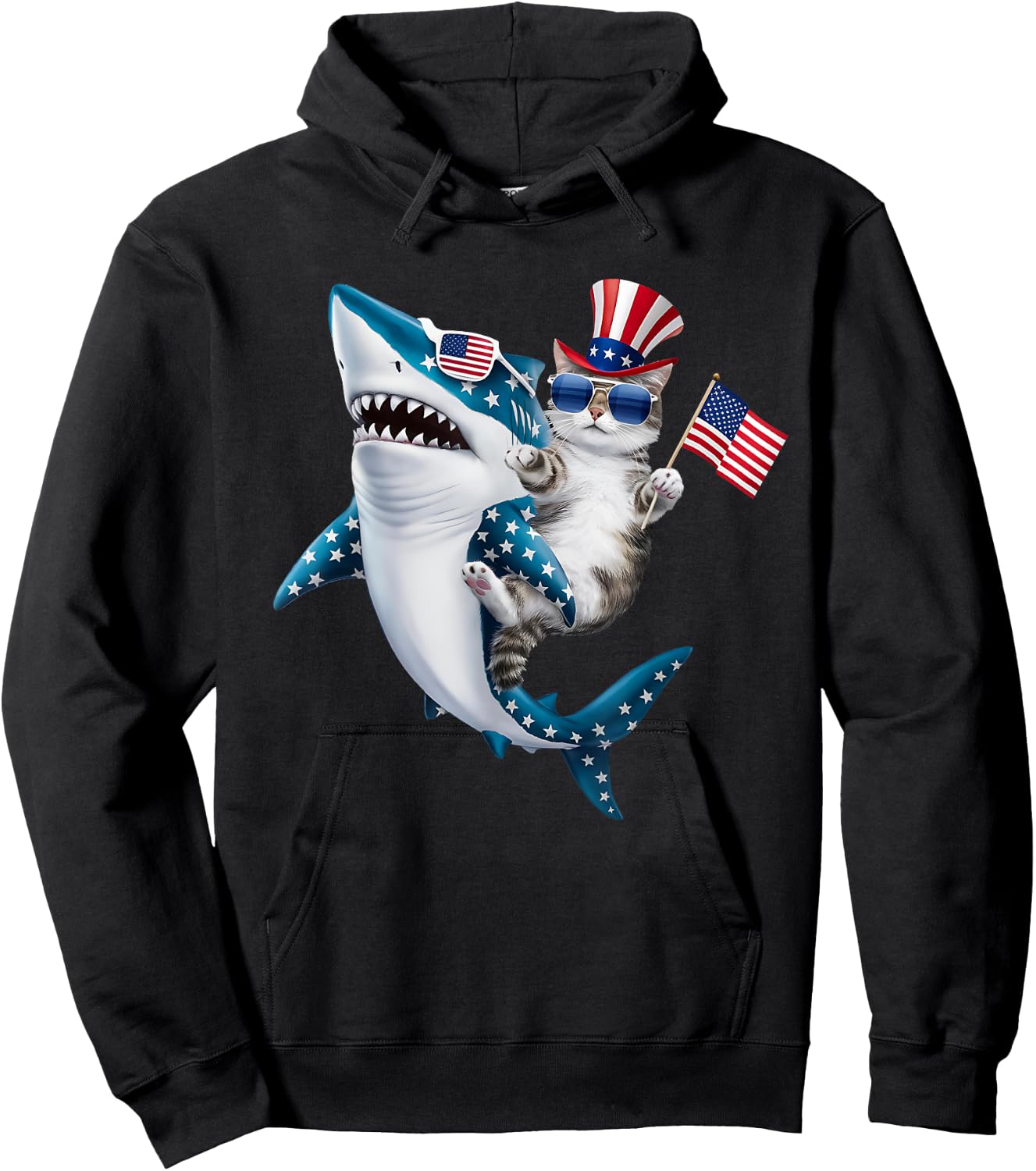 Awesome Patriotic Cat Riding Shark usa flag sunglasses Women Kids Men Hoodie - Hoodie | Black