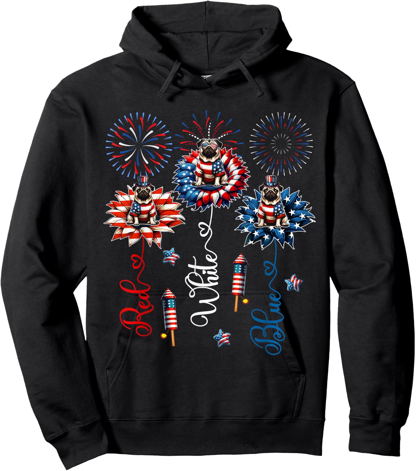 Red Blue White Three Cute Pugs On Floral 4th July Patriotic Hoodie - Hoodie | Black