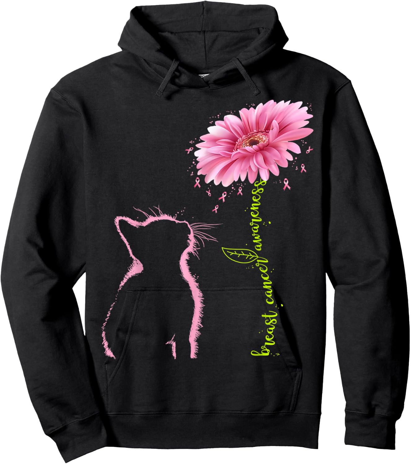 Breast Cancer Awareness Pink Ribbon Daisy Flower Cat Lovers Hoodie - Hoodie | Black