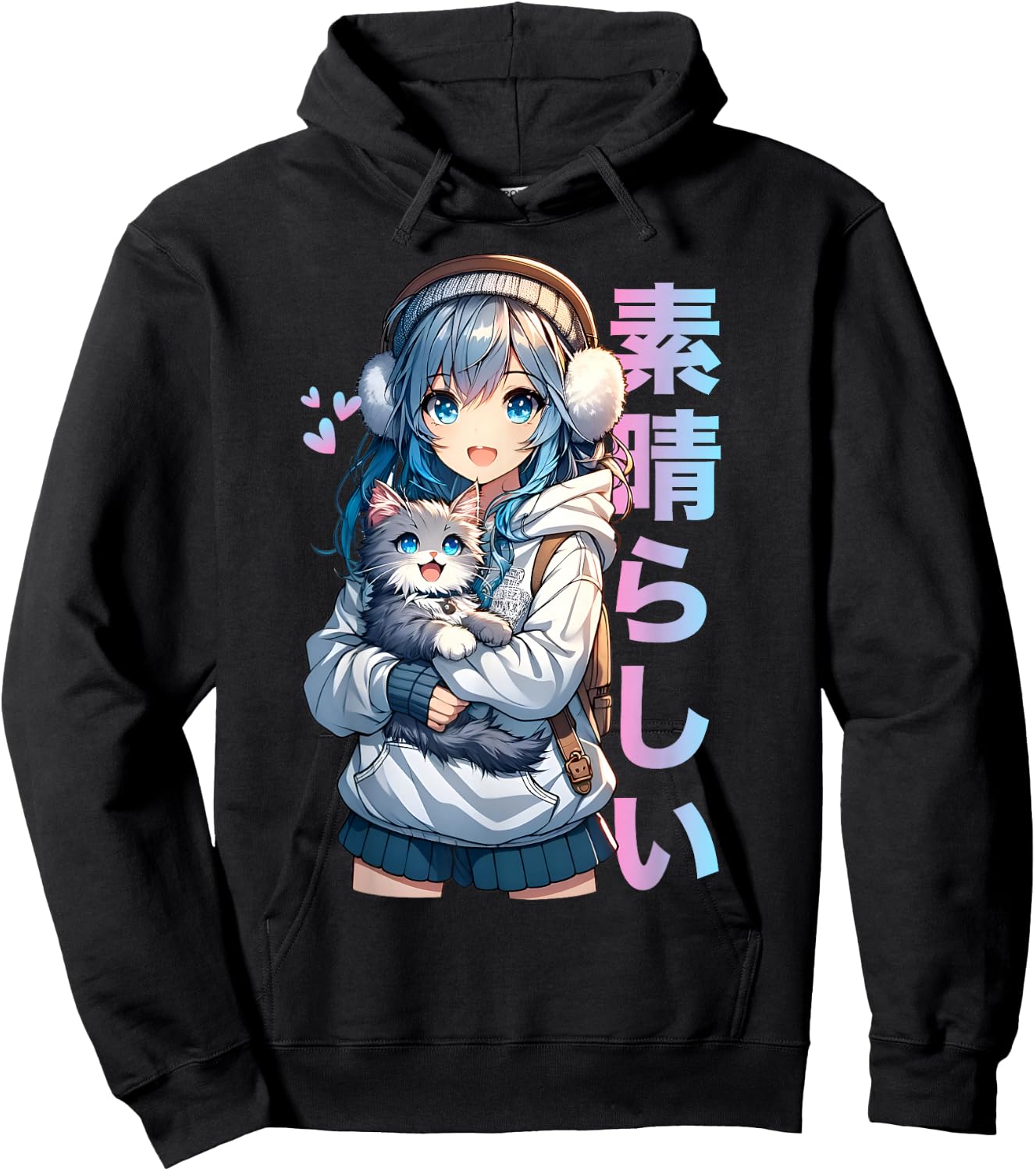 Cute Anime Girl with a Cat for Cat Lover Kawaii Otaku Manga Hoodie - Hoodie | Black