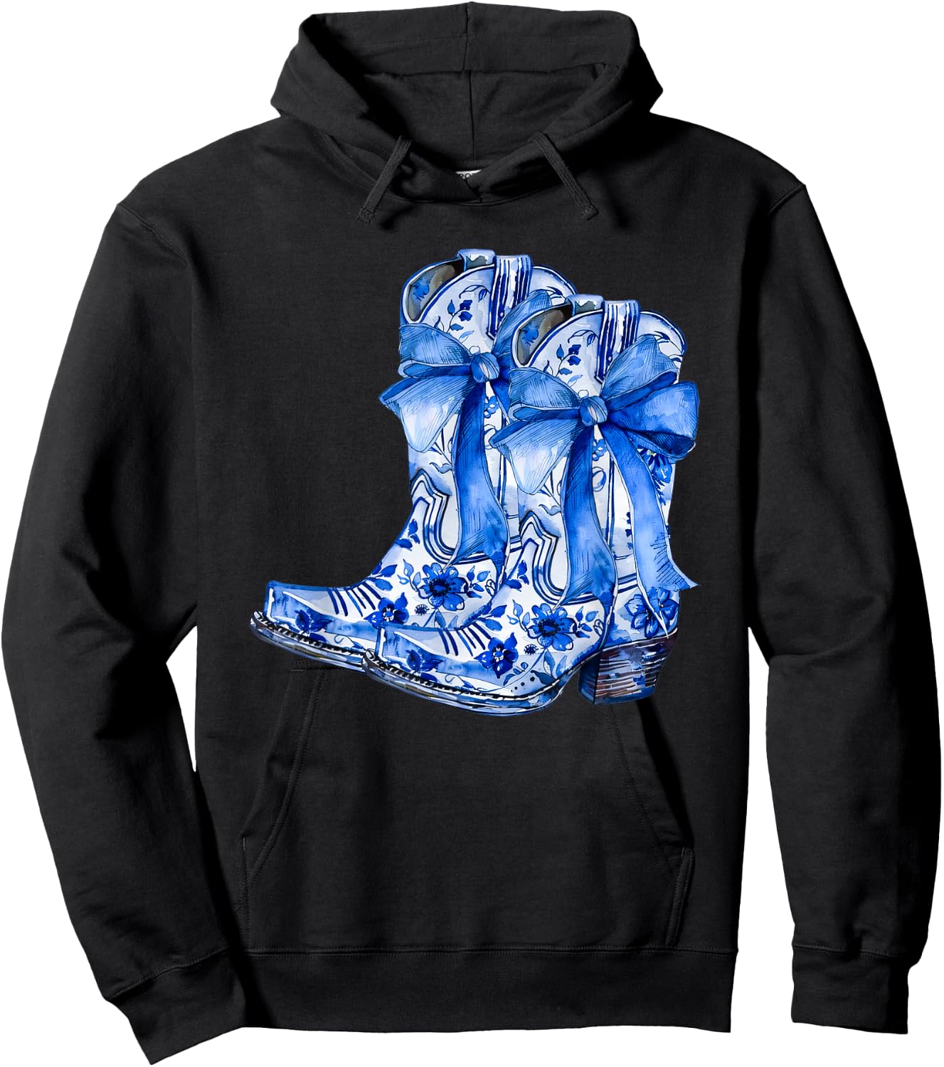 Boots Bow Coquette Coastal Cowgirl Blue Chinoiserie Floral Hoodie - Hoodie | Black