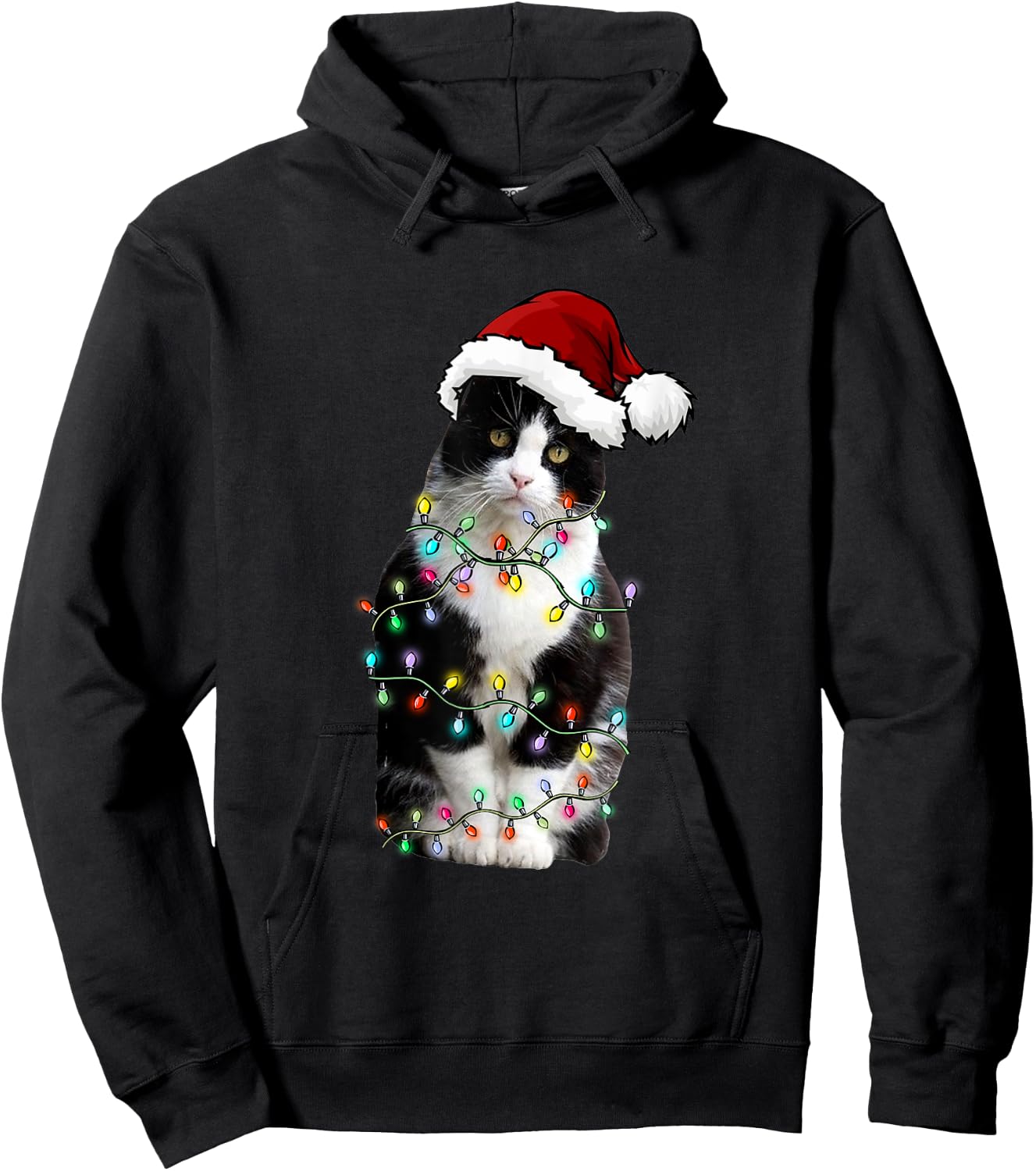 Cute Tuxedo Black Cat Christmas Light Cat Christmas Pajama Men Women Kids Hoodie - Hoodie | Black