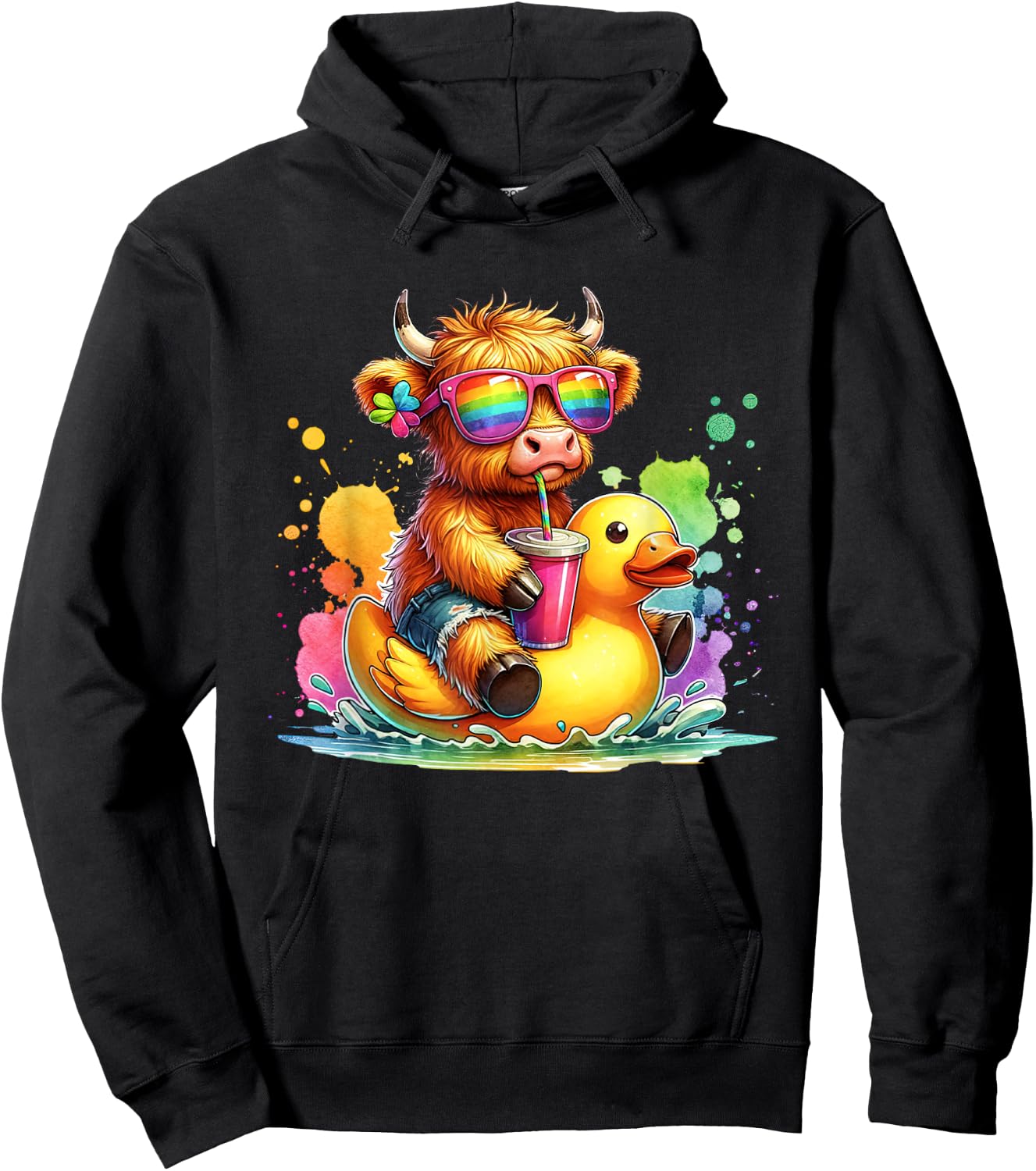 Cute Highland Cow Duck Pool Float Summer Vibes Swimming Hoodie - Hoodie | Black