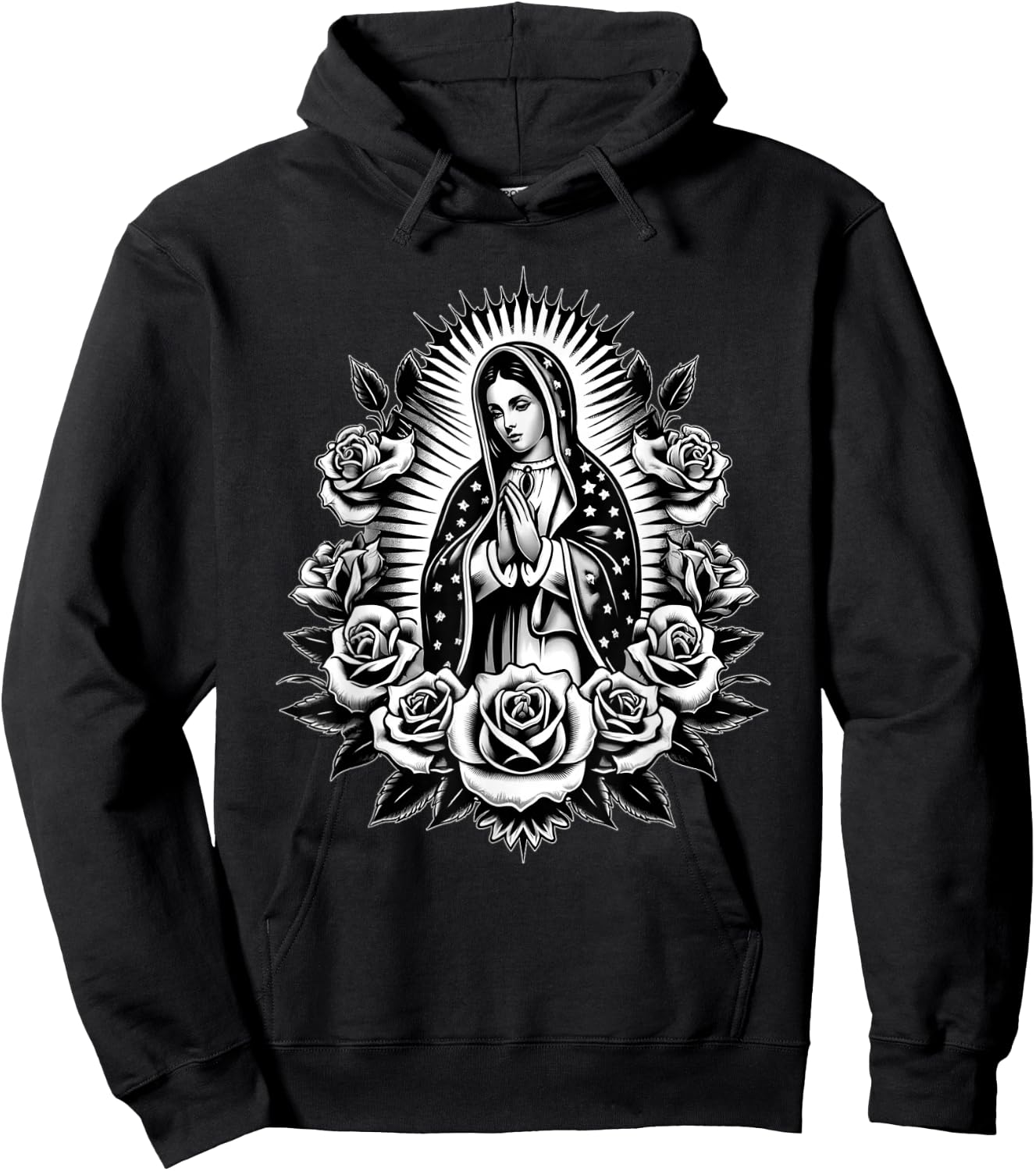 Cosas Mexicanas Apparel Co Virgen de Guadalupe Virgin Mary Virgencita Floral , Small, Black Hoodie - Hoodie | Black