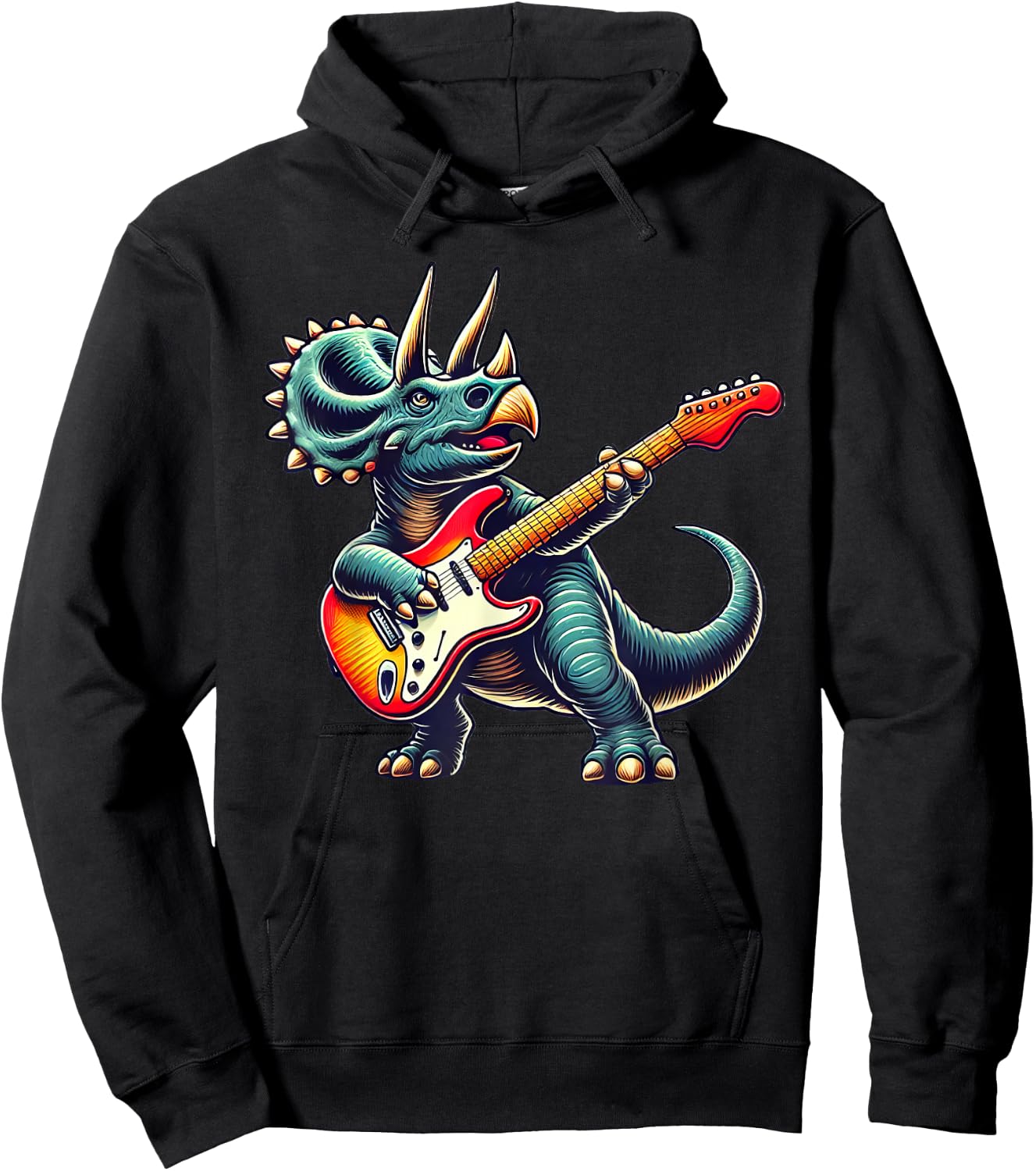 Triceratops Dinosaur Playing Guitar Musician Music Hoodie - Hoodie | Black