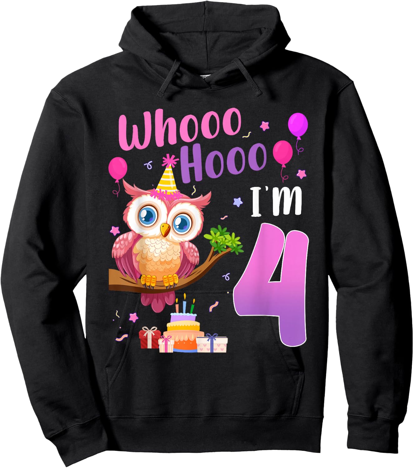Whooo Hooo I’m 4 Year Old Cute Owl 4th Birthday Girl Hoodie - Hoodie | Black