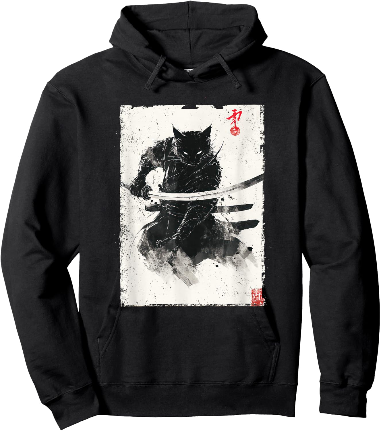 Vintage Samurai Cat Graphic Art Japanese Ukiyo-e Hoodie - Hoodie | Black