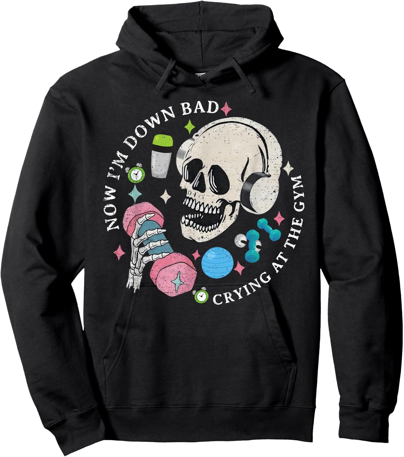 Funny Skeleton Now I'm Down Bad Crying At The Gym Hoodie - Hoodie | Black