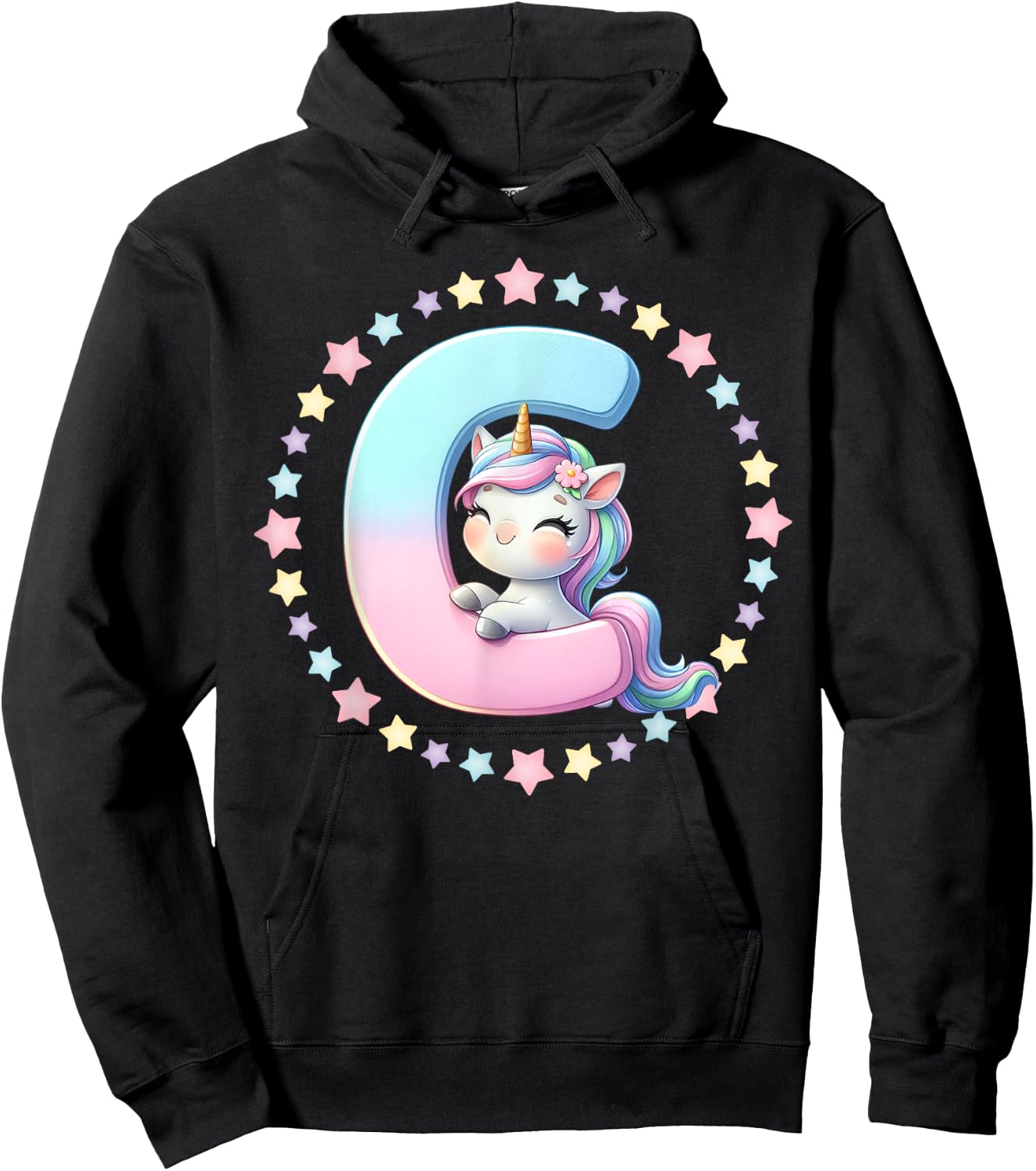 Unicorn Letter C Initial Rainbow Monogram Girls Kids Hoodie - Hoodie | Black