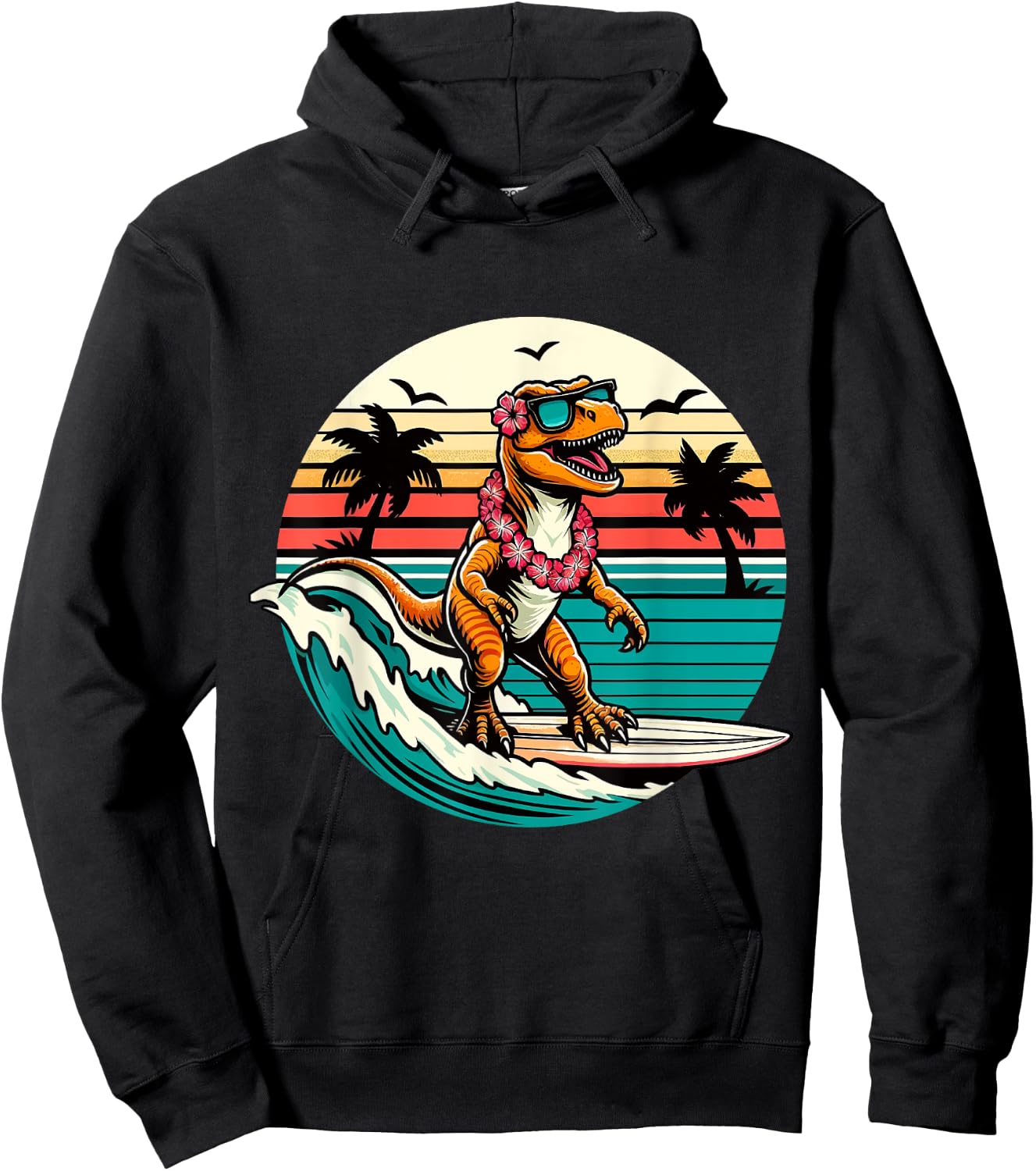 Funny Dinosaur Surfboard Beach Summer Surfing Trex Hawaiian Hoodie - Hoodie | Black