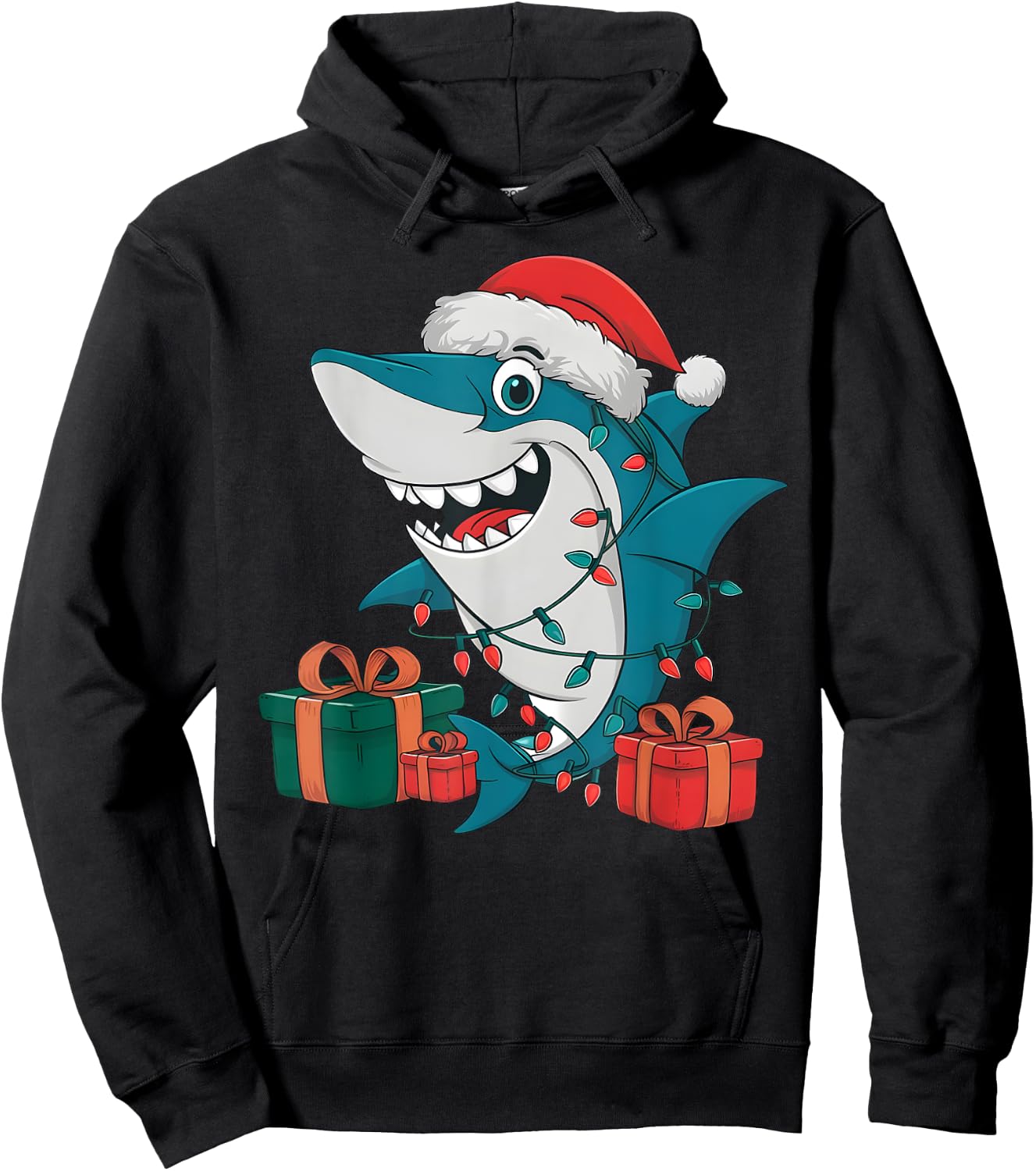 Xmas Lighting Santa Hat Shark Christmas Hoodie - Hoodie | Black