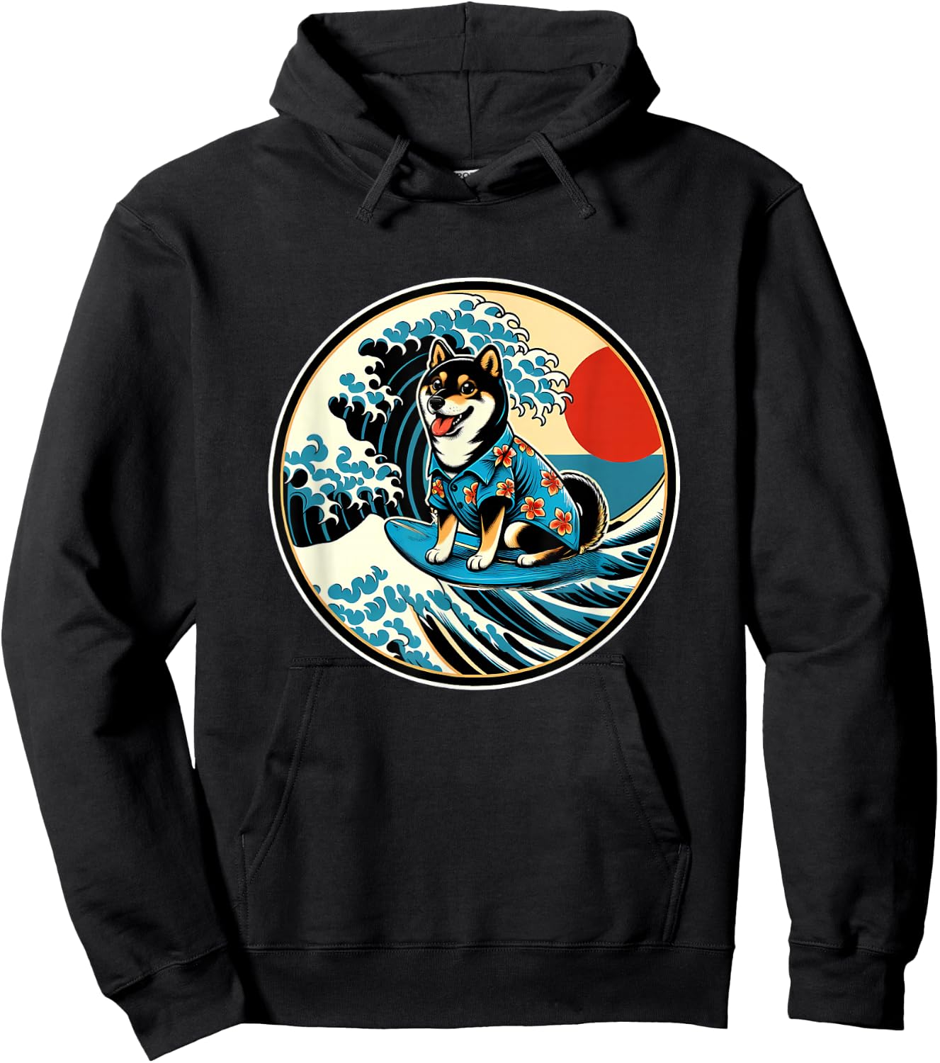 Great Wave Kanagawa Black and tan Shiba Inu Surfing Hoodie - Hoodie | Black