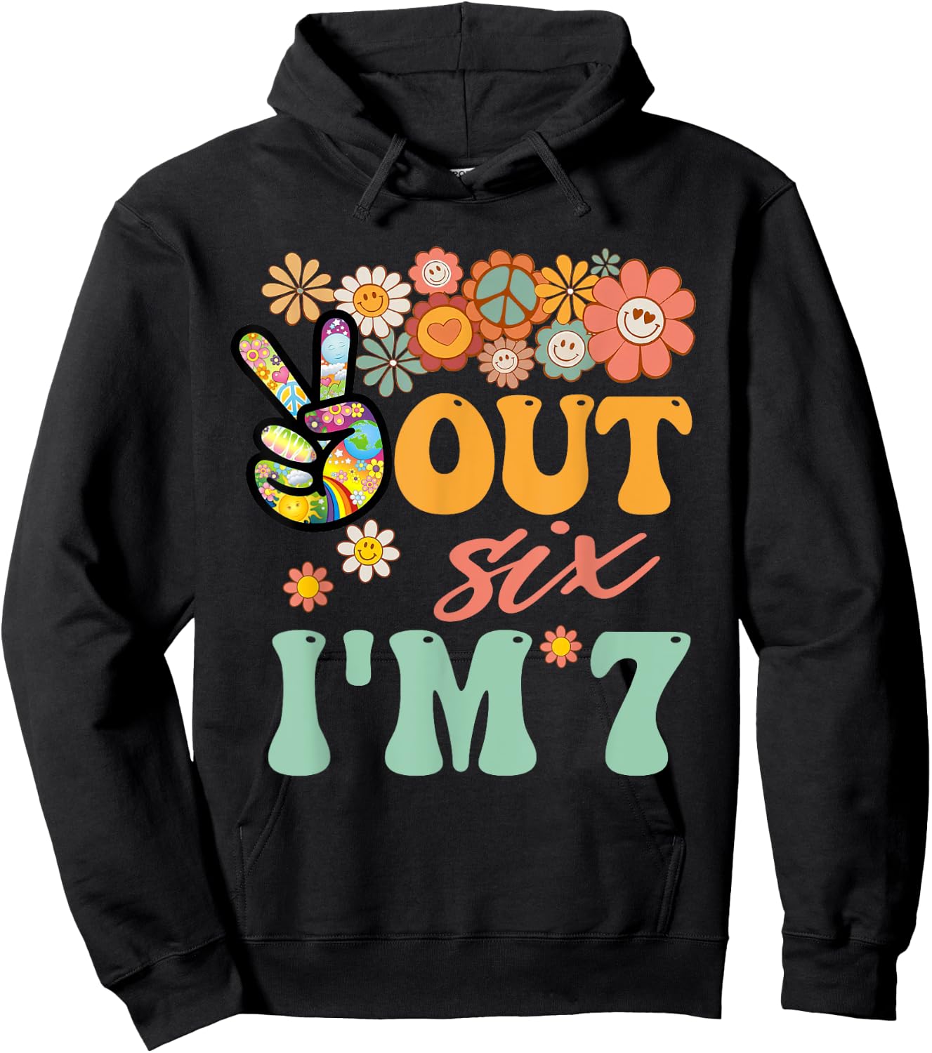 Peace Out Six I'm 7 Groovy 7th Happy Birthday Boy Girl Hoodie - Hoodie | Black