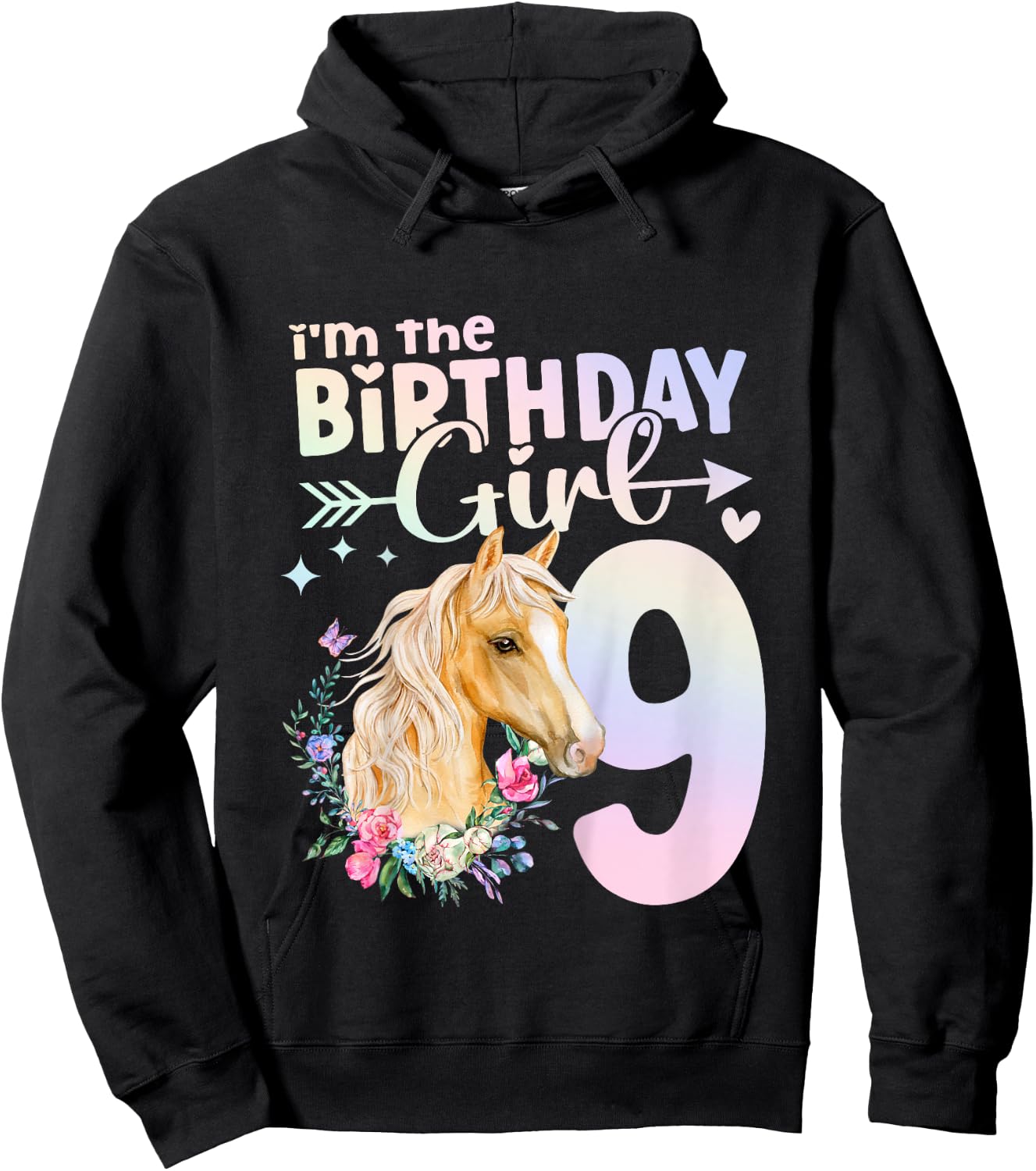 9th Birthday Horse Girl 9 Years Old Nine 9 Birthday Girl Hoodie - Hoodie | Black