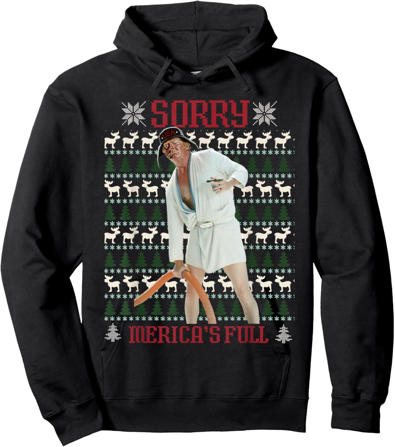 Sorry Merica's Full Funny Trump Ugly Christmas Hoodie - Hoodie | Black