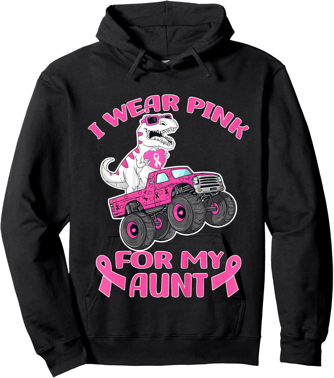 Kids Truck T-Rex Breast Cancer I Wear Pink For My Aunt Hoodie - Hoodie | Black