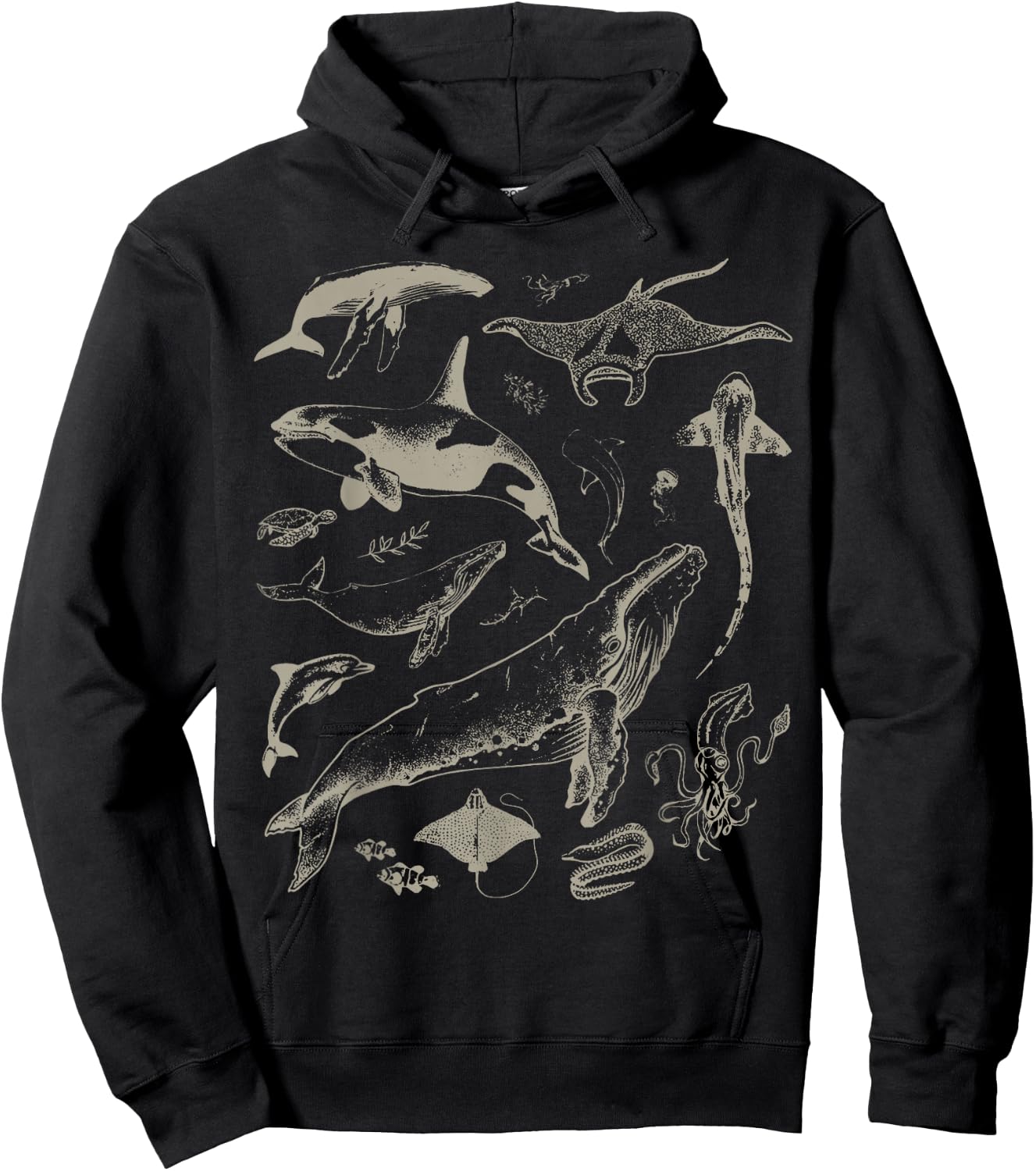Retro Ocean Wildlife Shark Turtle Octopus Fish Animal Lover Hoodie - Hoodie | Black