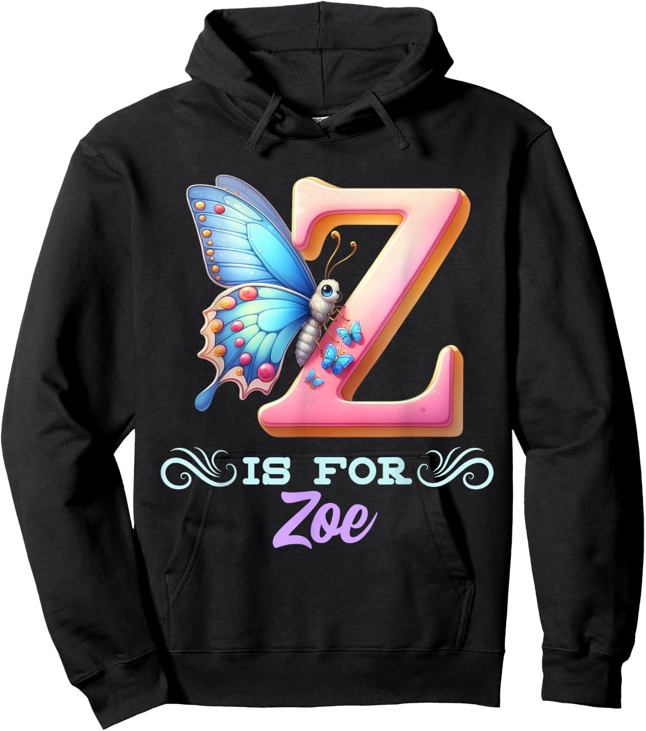 Z Is For Zoe Girly Butterfly And Flower Initial Name Hoodie - Hoodie | Black