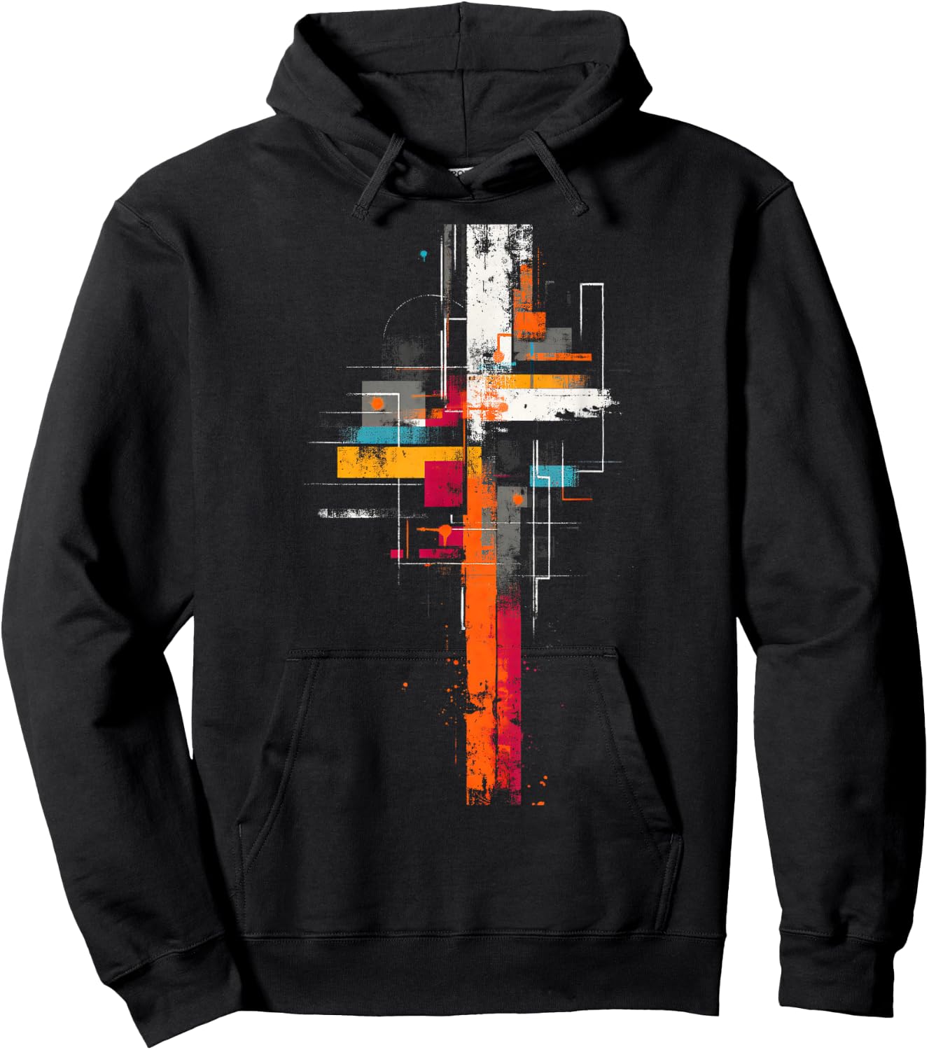 Grunge Abstract Geometric Cross, Orange Yellow Teal Graphic Hoodie - Hoodie | Black