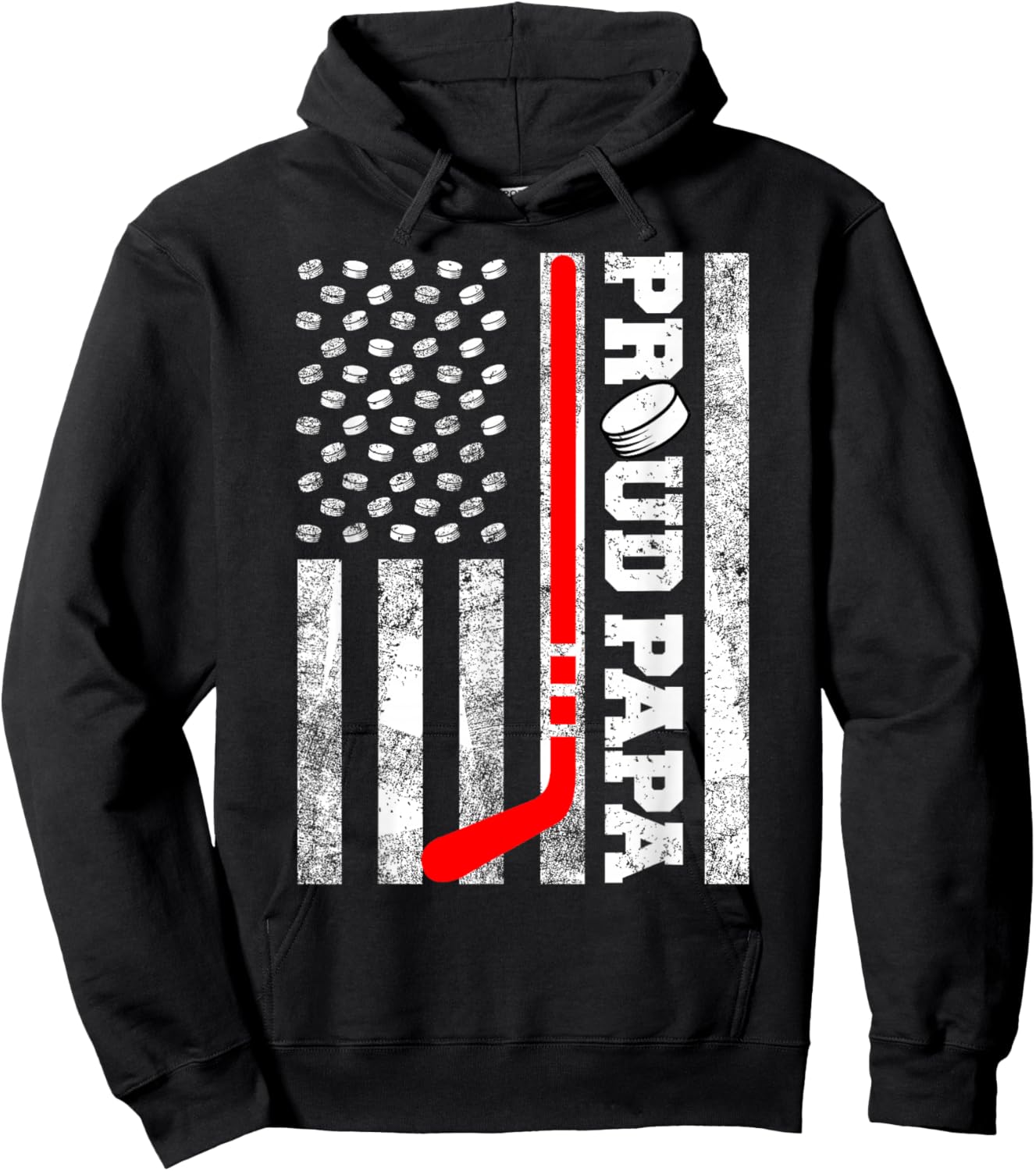 Proud Papa American Distressed Flag Funny Hockey Papa Hoodie - Hoodie | Black