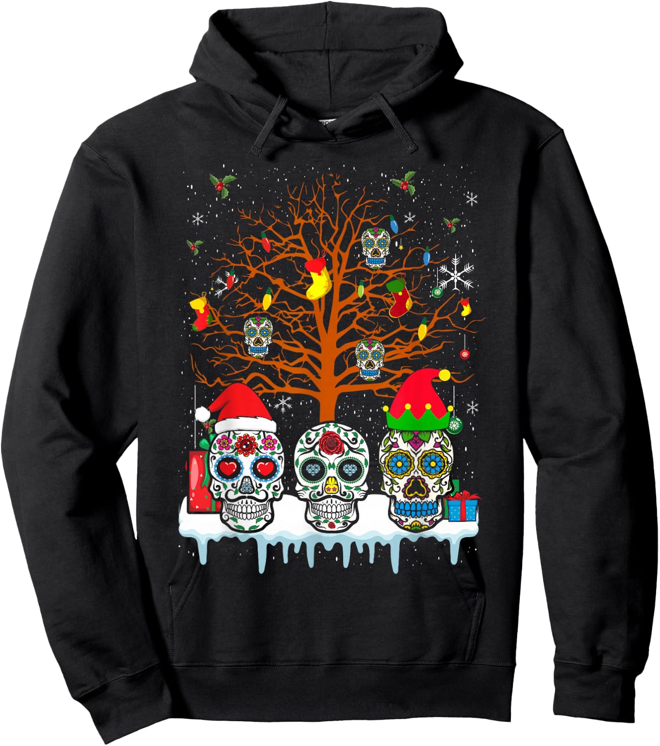 Christmas Sugar Skull On Tree Funny Santa Sugar Skull Hoodie - Hoodie | Black